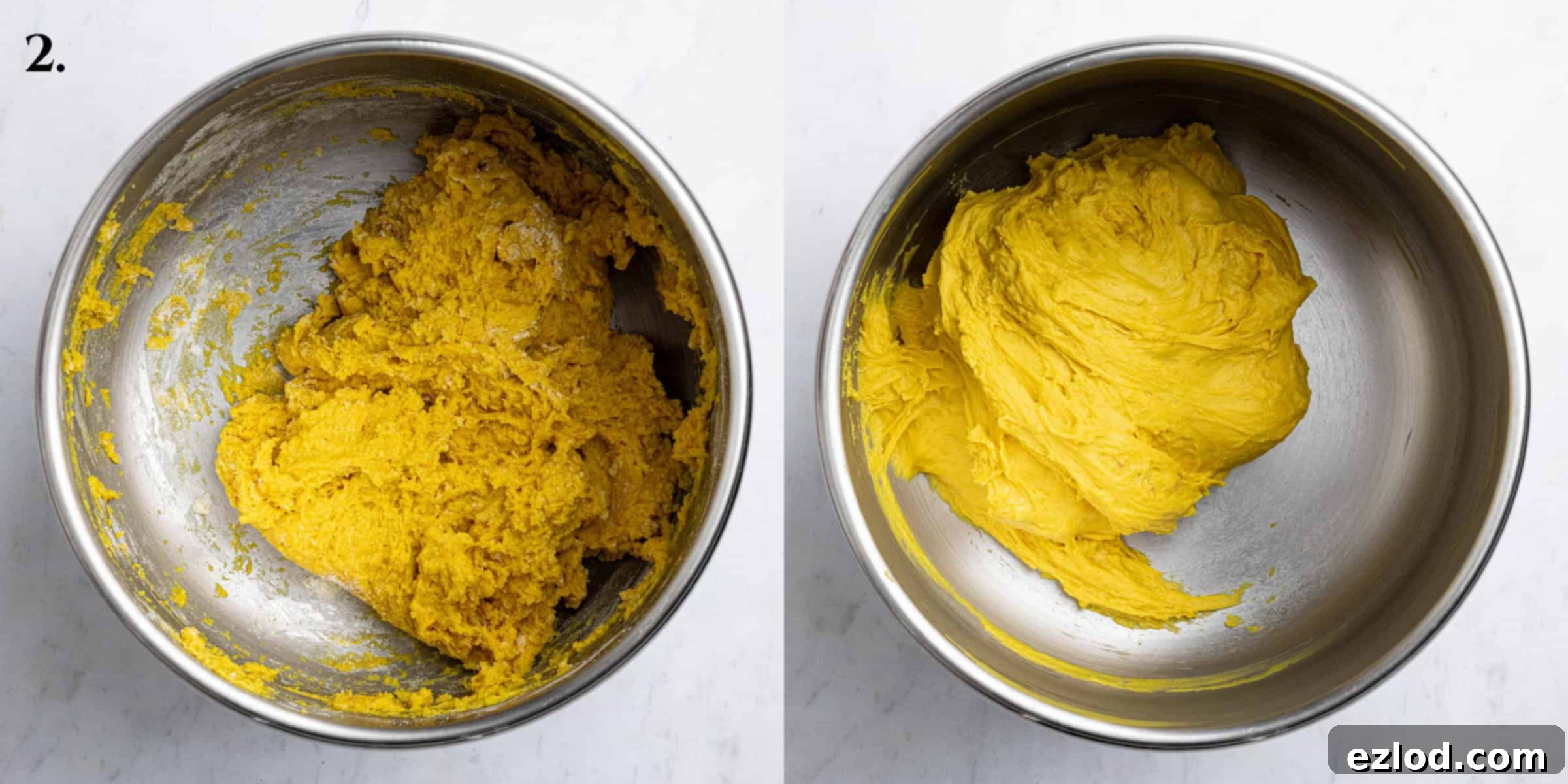 Plant-Based Saffron Buns for St. Lucia 7 Step 2, a two image collage of the dough before and after kneading.