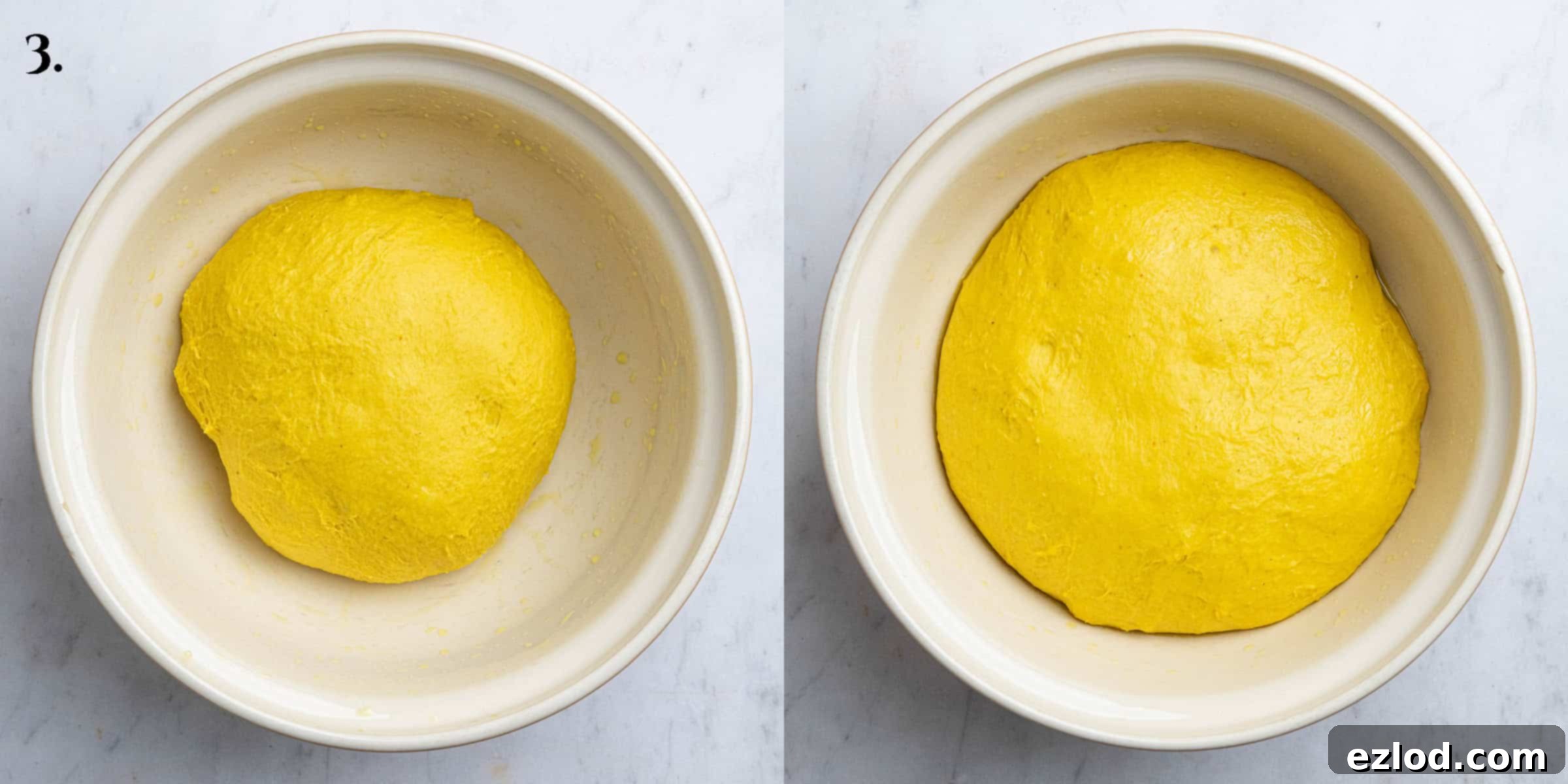 Plant-Based Saffron Buns for St. Lucia 9 Step 3, the dough before and after rising.
