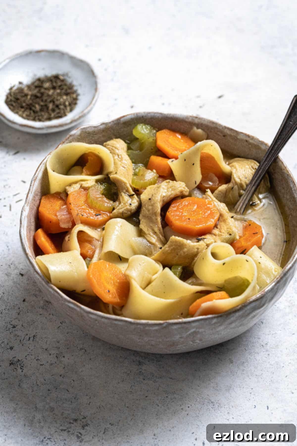 Plant-Based Chicken Noodle Soup 2 A bowl of steaming vegan chicken noodle soup, garnished with fresh herbs, alongside a small bowl of dried thyme.