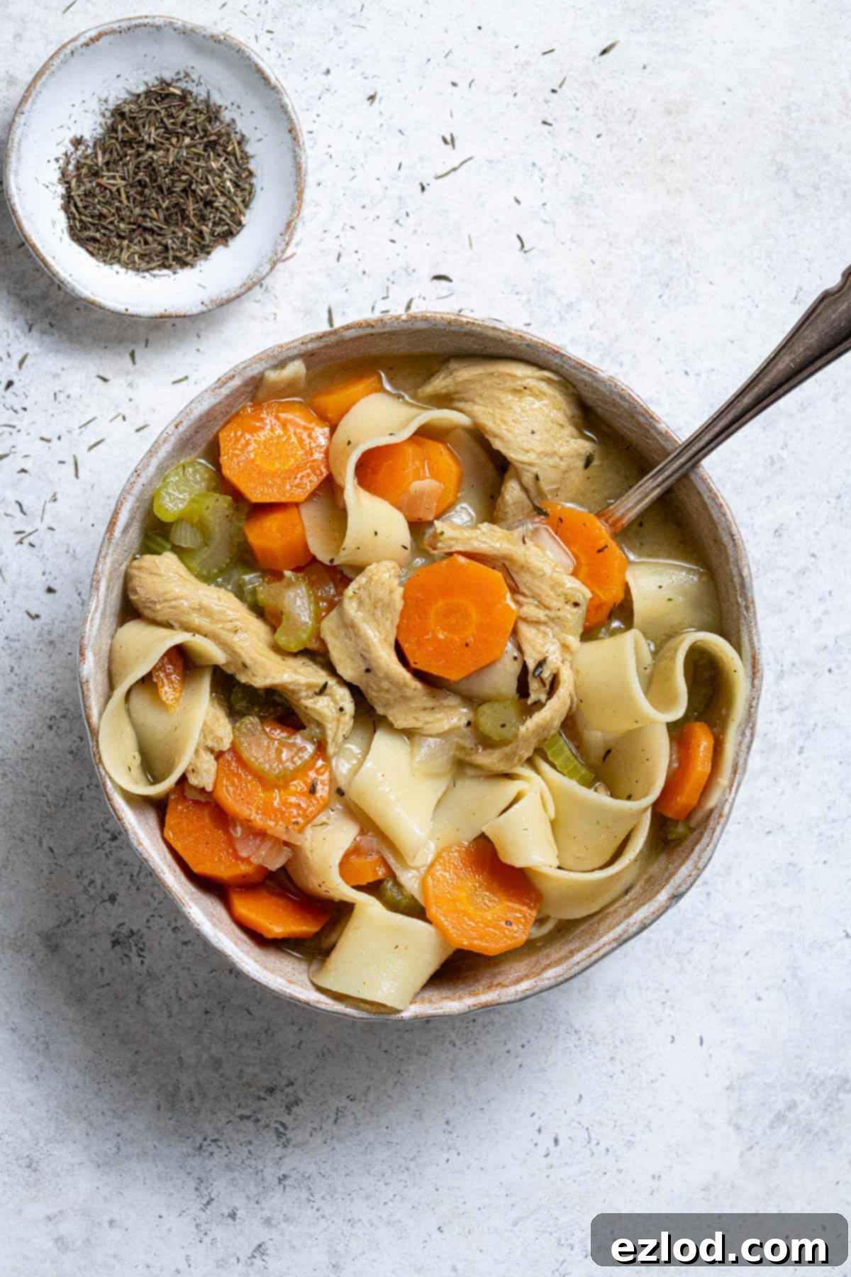 Plant-Based Chicken Noodle Soup 7 A beautifully presented bowl of vegan chicken noodle soup, with a spoon resting in it, next to a small dish of dried thyme.