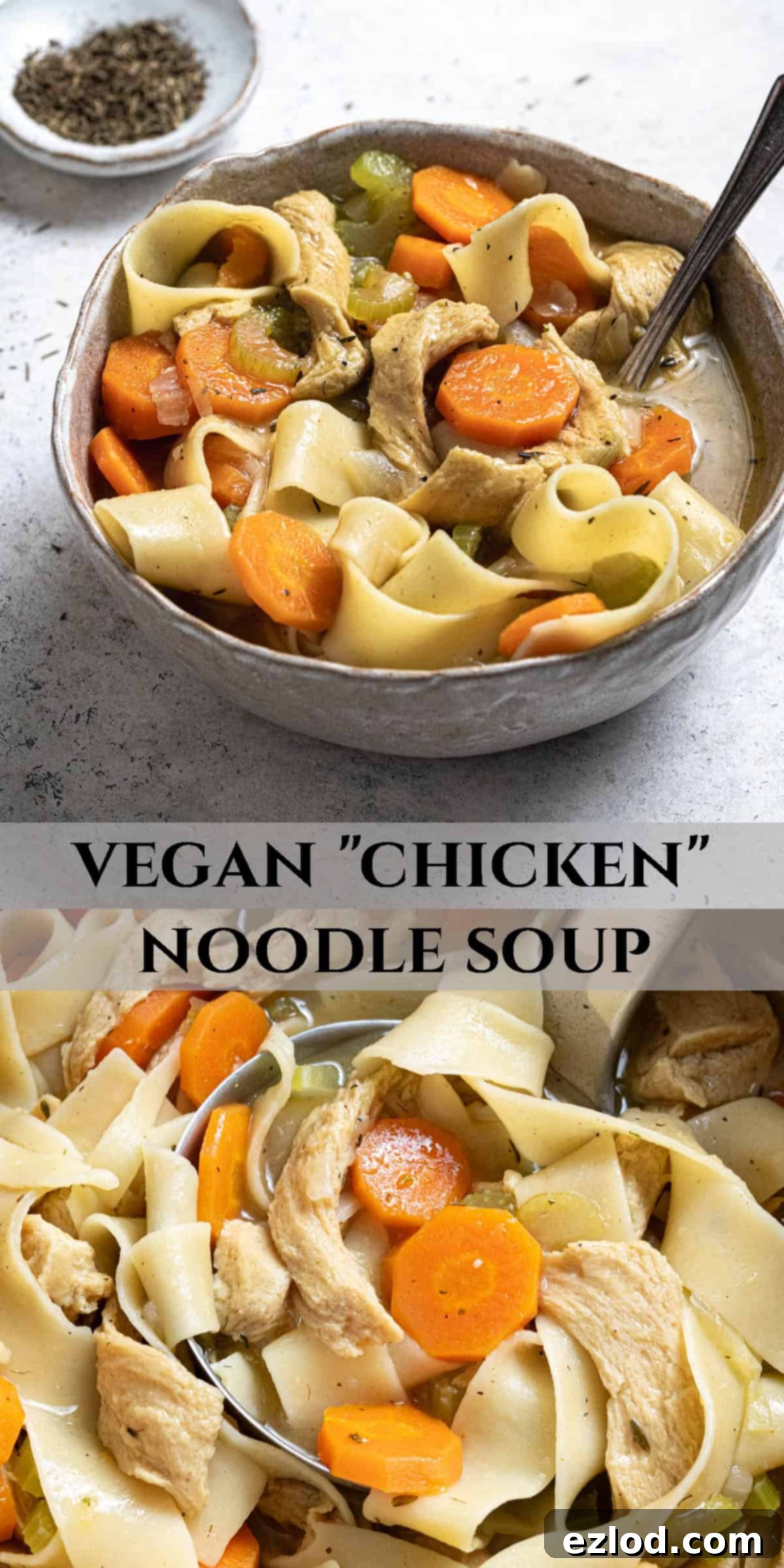 Plant-Based Chicken Noodle Soup 9 A Pinterest collage image featuring two different appealing shots of vegan chicken noodle soup in bowls, perfect for social sharing.