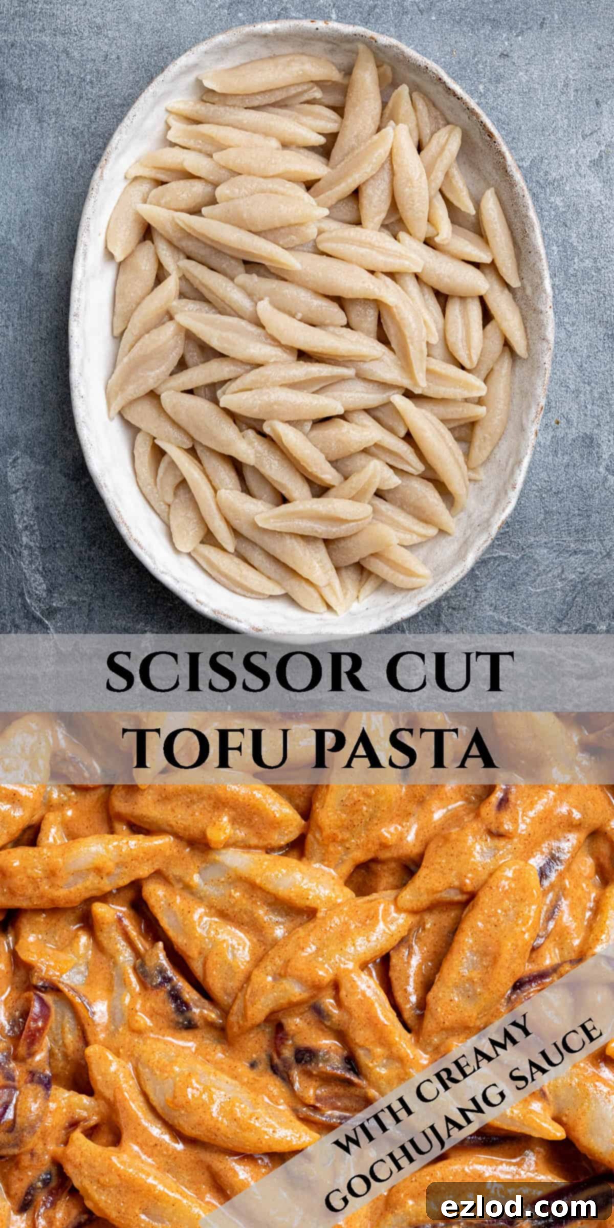 Velvety Gochujang Cream Pasta with Vegan Scissor Tofu 15 Pinterest collage image featuring various stages of making scissor cut tofu pasta with creamy gochujang sauce.