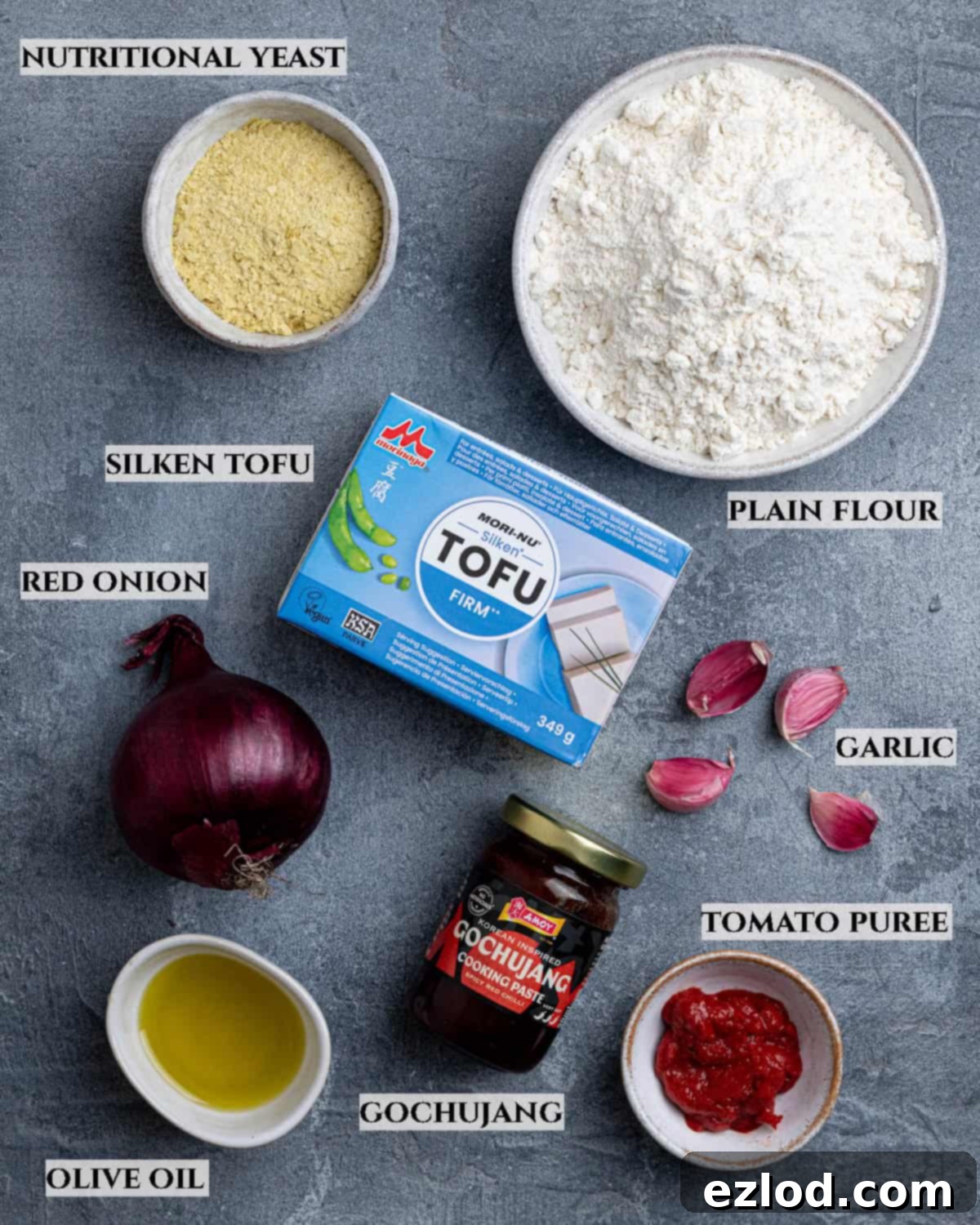 Velvety Gochujang Cream Pasta with Vegan Scissor Tofu 3 A labelled photo of the ingredients needed to make scissor cut tofu pasta and creamy gochujang sauce.