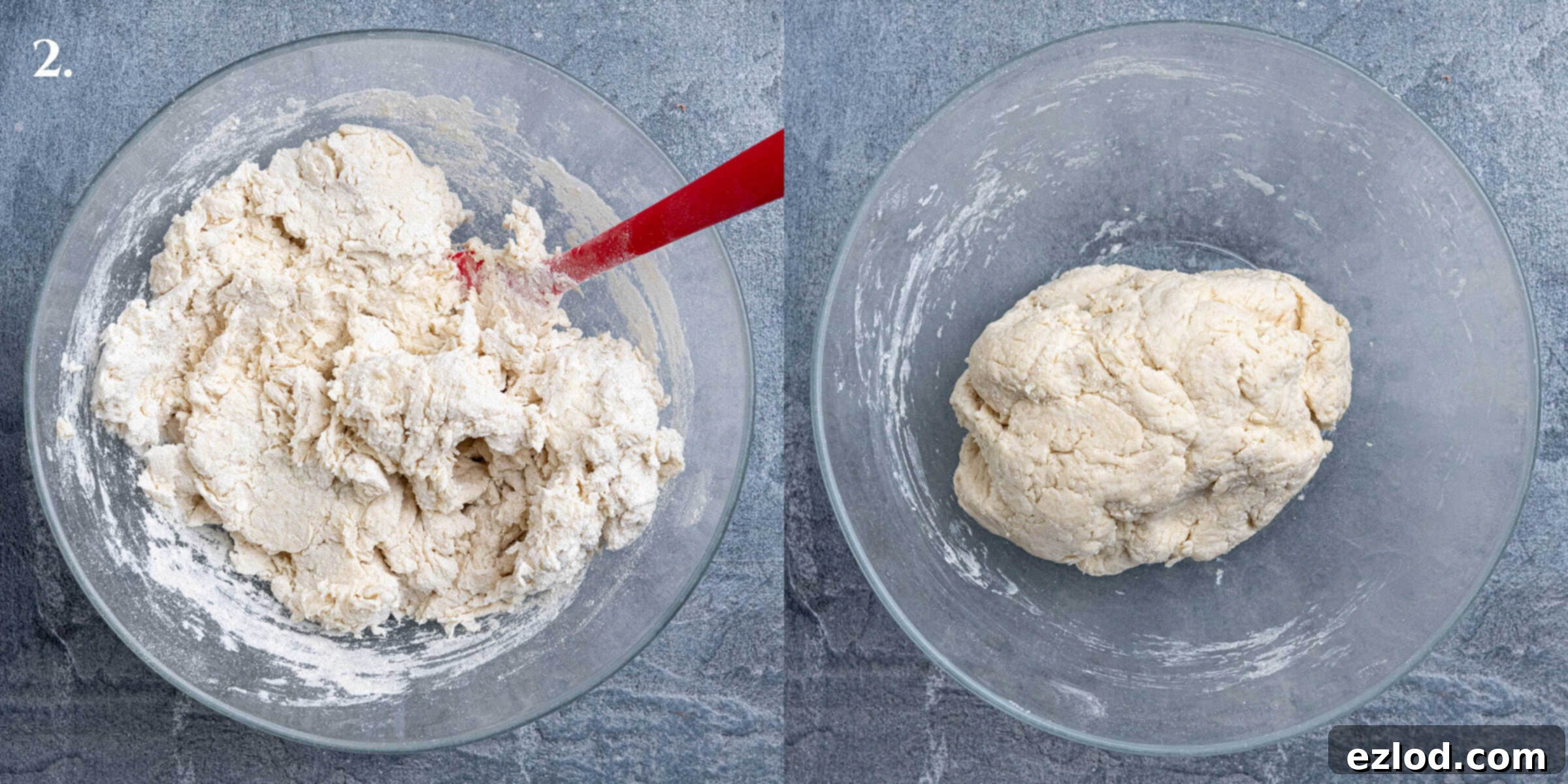 Velvety Gochujang Cream Pasta with Vegan Scissor Tofu 6 Step 2, a two-image collage showing the process of mixing flour and blended tofu to form a dough.