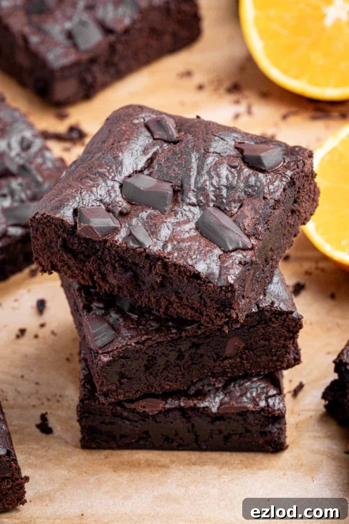 Vegan Chocolate Orange Fudge Brownies 11 Top down view of a stack of vegan chocolate orange brownies.