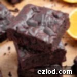 Vegan Chocolate Orange Fudge Brownies 12 Top down view of a stack of vegan chocolate orange brownies.