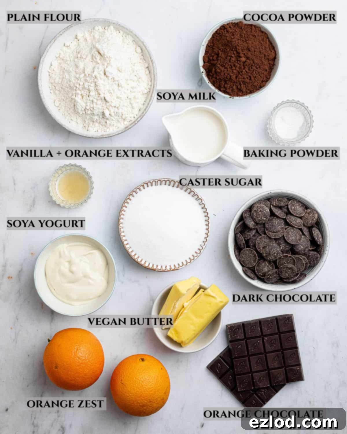 Vegan Chocolate Orange Fudge Brownies 3 A labelled photo of the ingredients needed to make chocolate orange brownies.