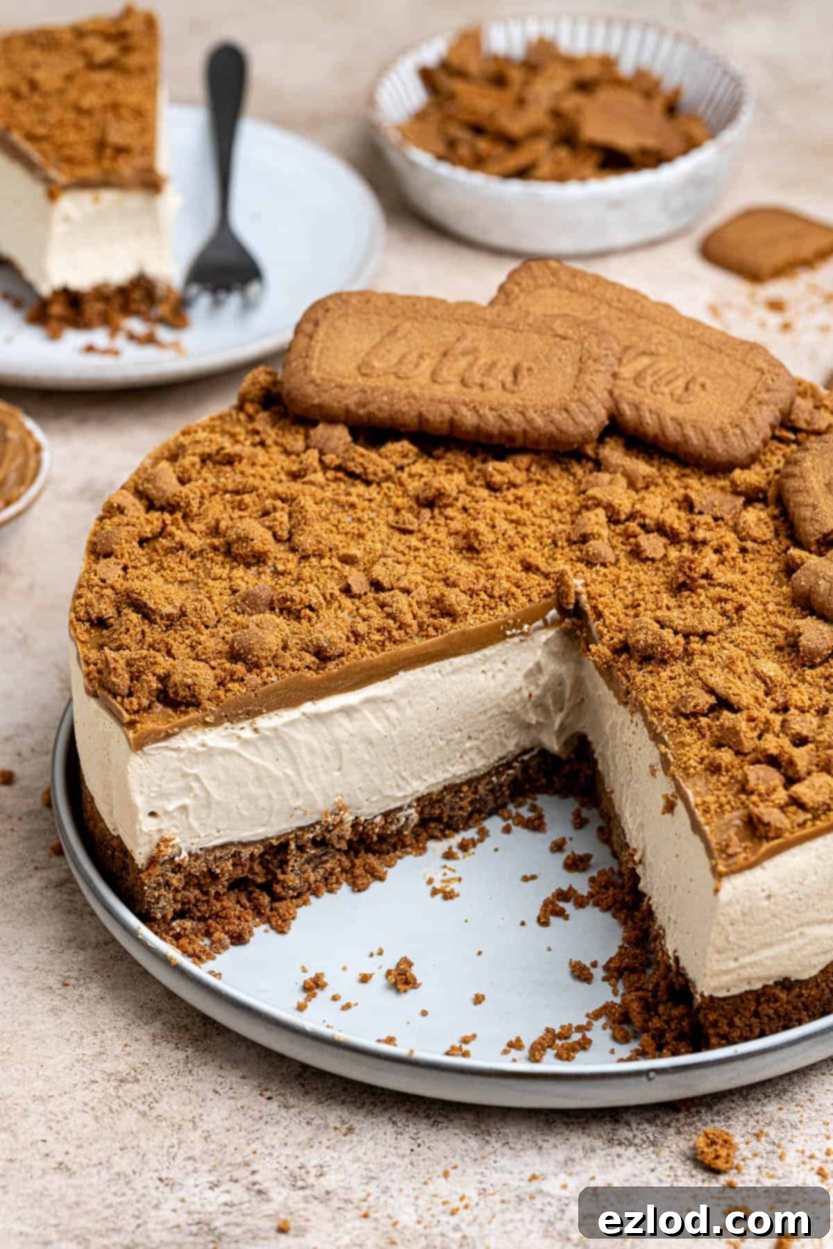 Decadent Vegan Biscoff Cheesecake 2 A beautifully presented no-bake vegan Biscoff cheesecake with a couple of slices already removed, showcasing its creamy texture and crunchy base.