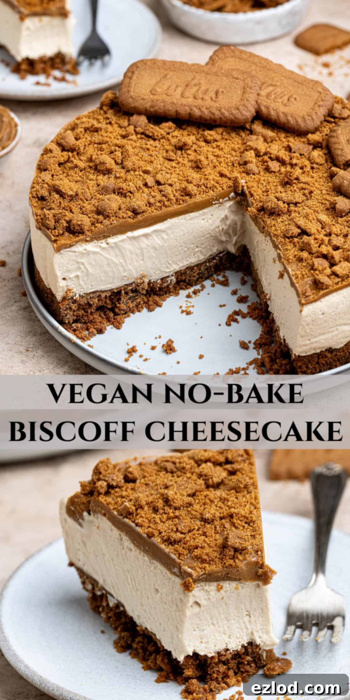 Decadent Vegan Biscoff Cheesecake 14 A Pinterest collage image featuring multiple angles and decorations of the delicious no-bake vegan Biscoff cheesecake.