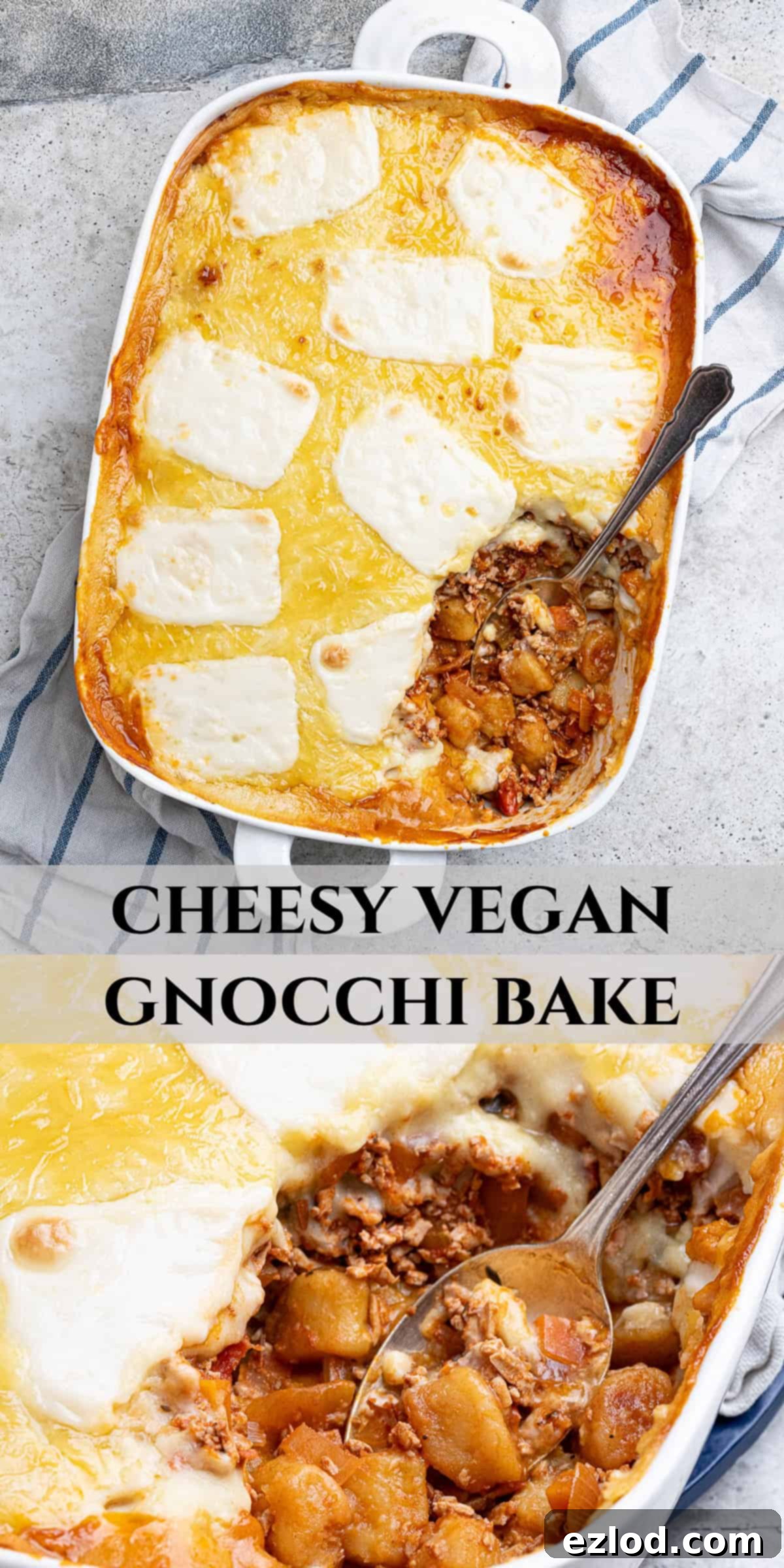 Gooey Vegan Gnocchi Bake 13 Pinterest collage featuring multiple appetizing images of the cheesy vegan gnocchi bake, perfect for sharing on social media.