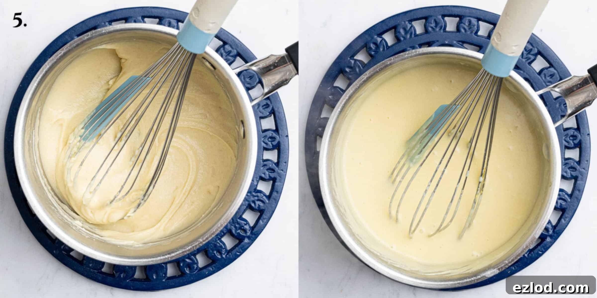 Gooey Vegan Gnocchi Bake 9 Step 5 in making cheesy vegan gnocchi bake: A two-image collage showing the gradual whisking of non-dairy milk into the roux, followed by the thickened, creamy vegan bechamel sauce.
