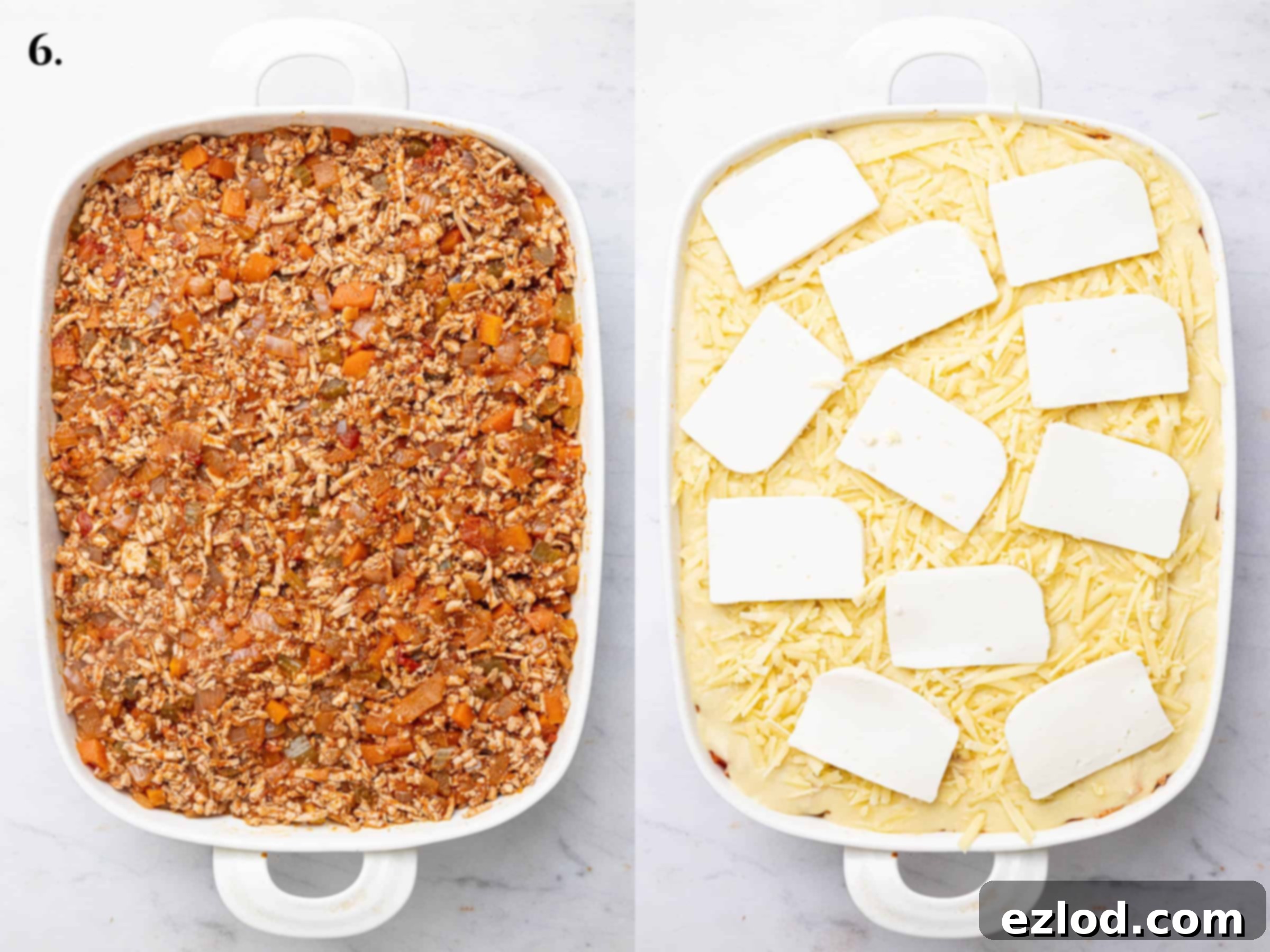 Gooey Vegan Gnocchi Bake 10 Step 6 in making cheesy vegan gnocchi bake: A two-image collage showing the layering process—first, bolognese over gnocchi, then bechamel and vegan cheeses on top, ready for baking.