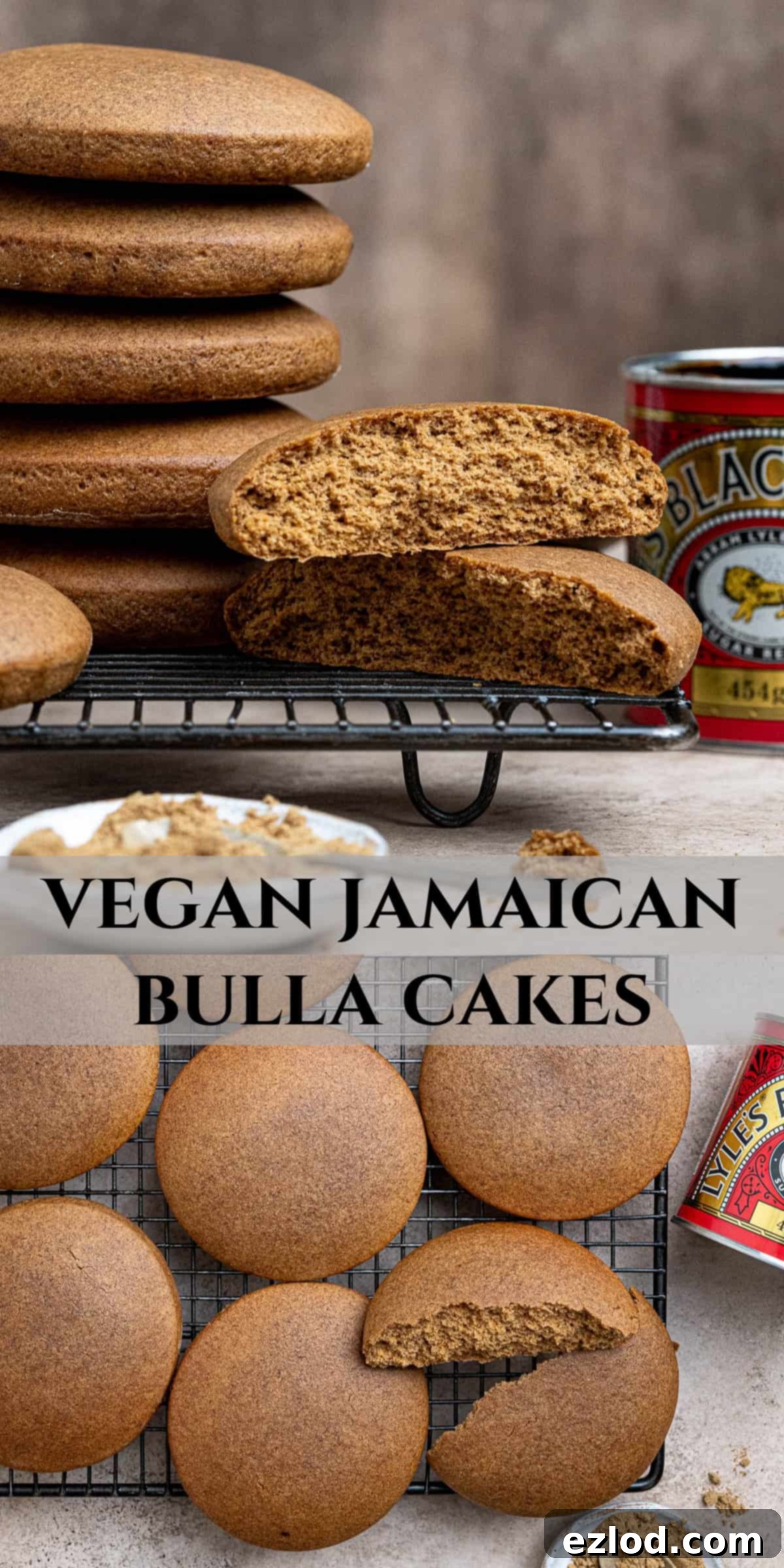 Plant-Based Jamaican Bulla Delight 12 A vibrant Pinterest collage image featuring multiple appealing shots of vegan Jamaican ginger bulla cakes, with a focus on their delicious appearance and easy preparation.