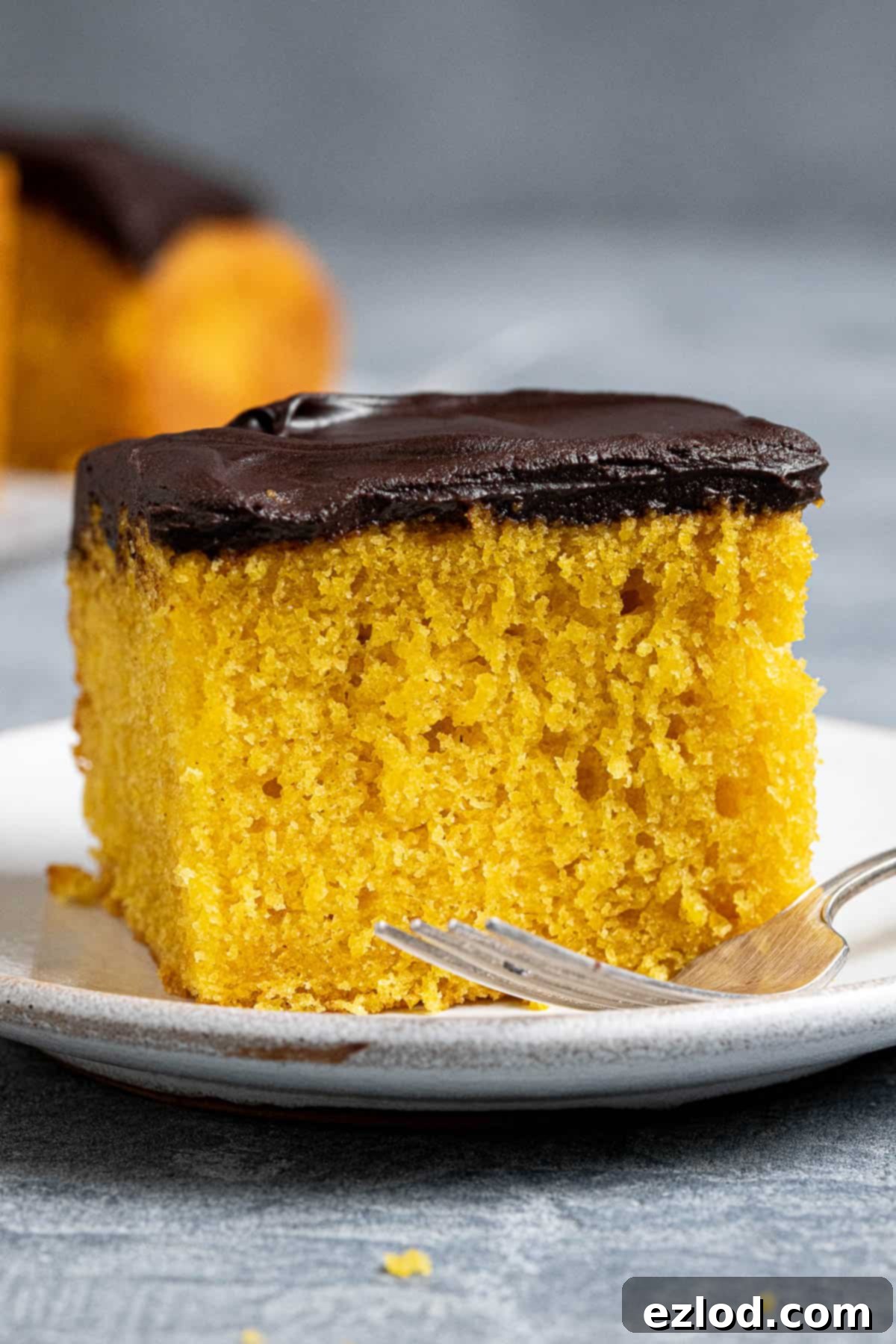 Sun-Kissed Vegan Brazilian Carrot Cake 4 A slice of vegan Brazilian carrot cake on a plate with a fork.