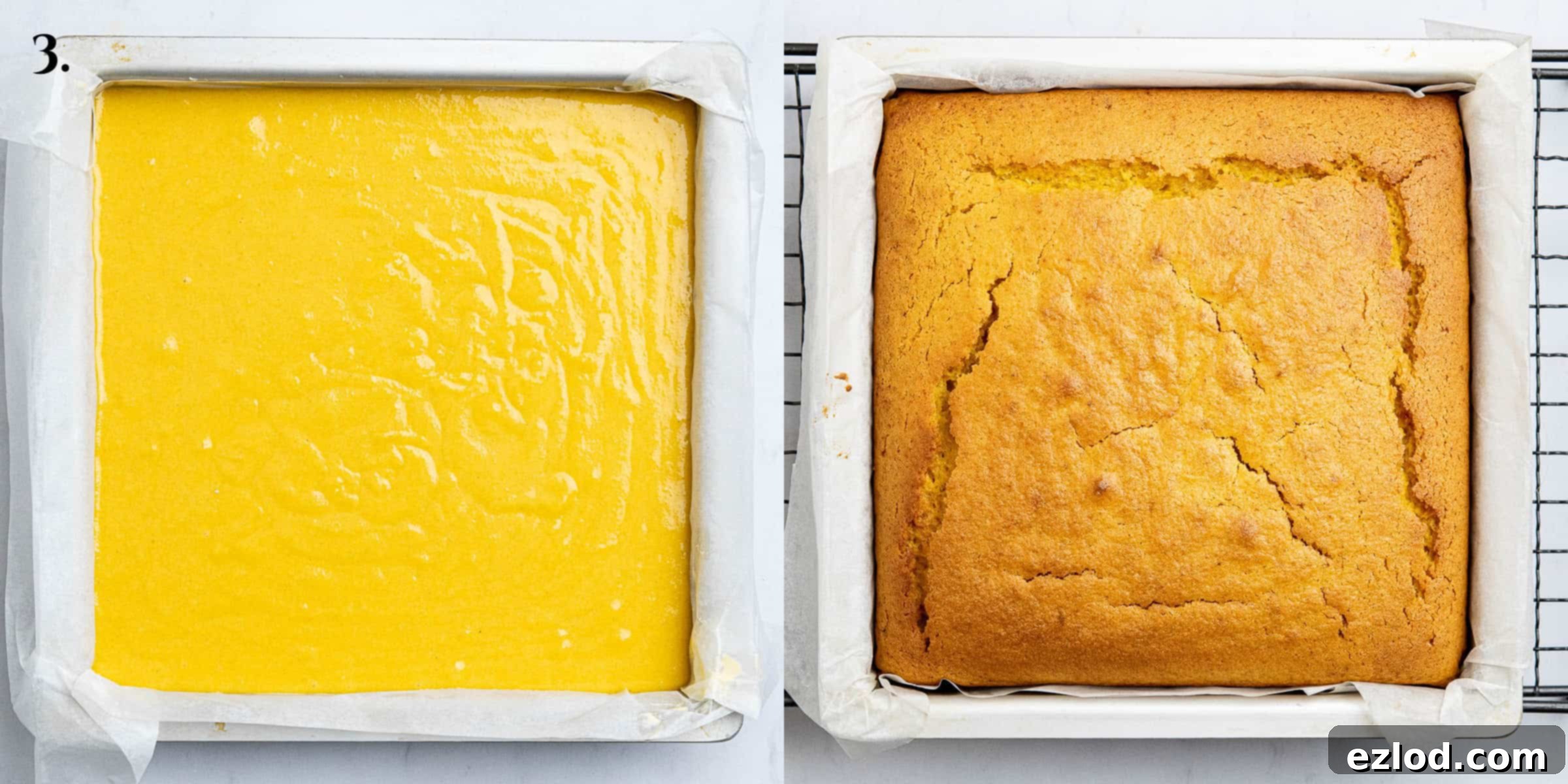 Sun-Kissed Vegan Brazilian Carrot Cake 7 Step 3, the cake before and after baking.
