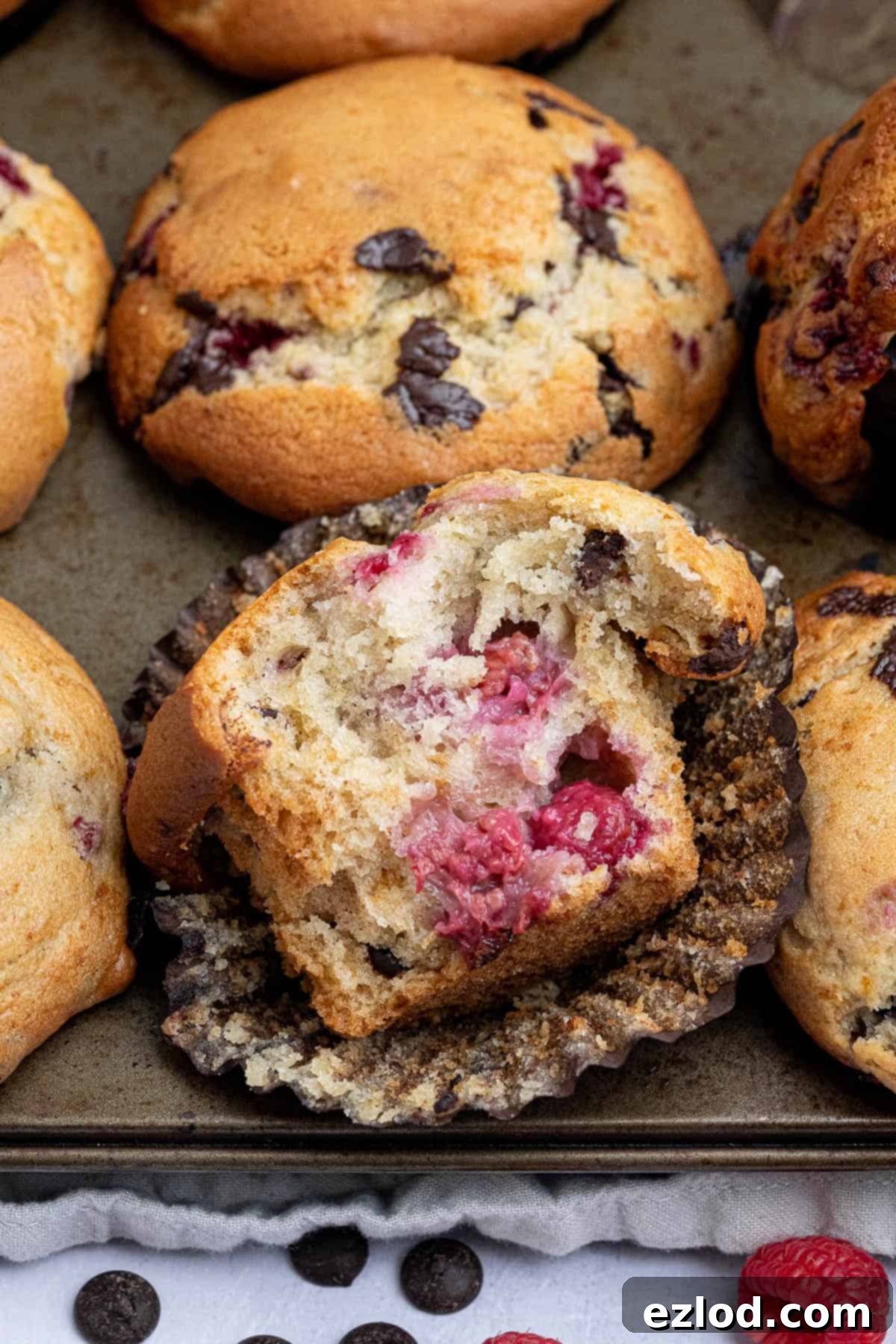 Plant-Based Chocolate Raspberry Muffins 11 Close up of a choc chip raspberry muffin with a bite taken out of it.