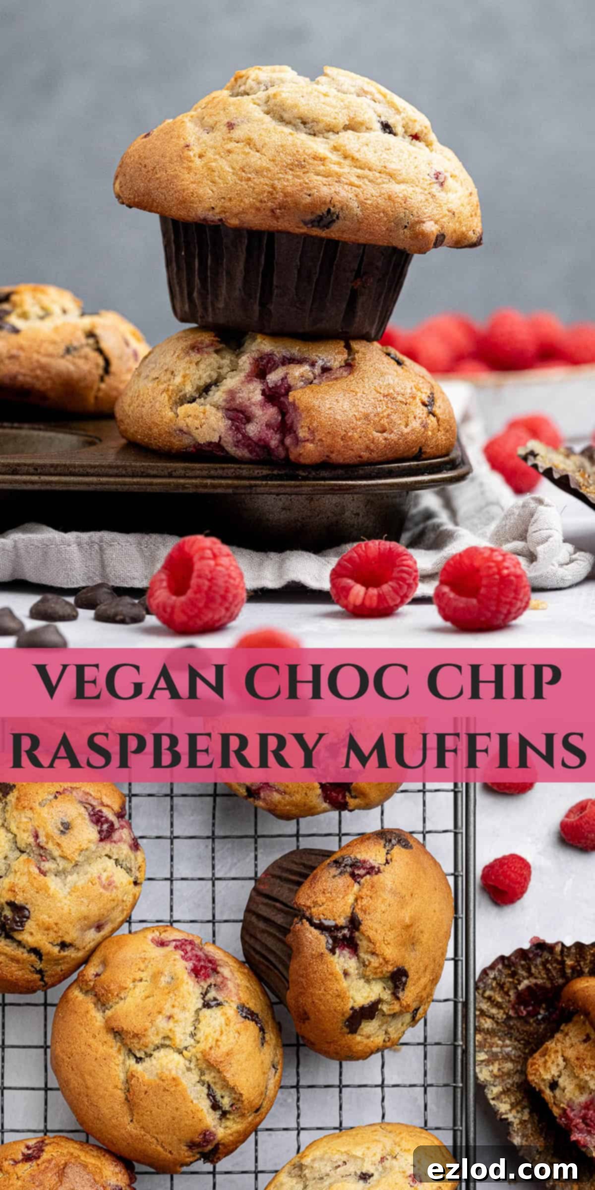 Plant-Based Chocolate Raspberry Muffins 14 Pinterest collage image.