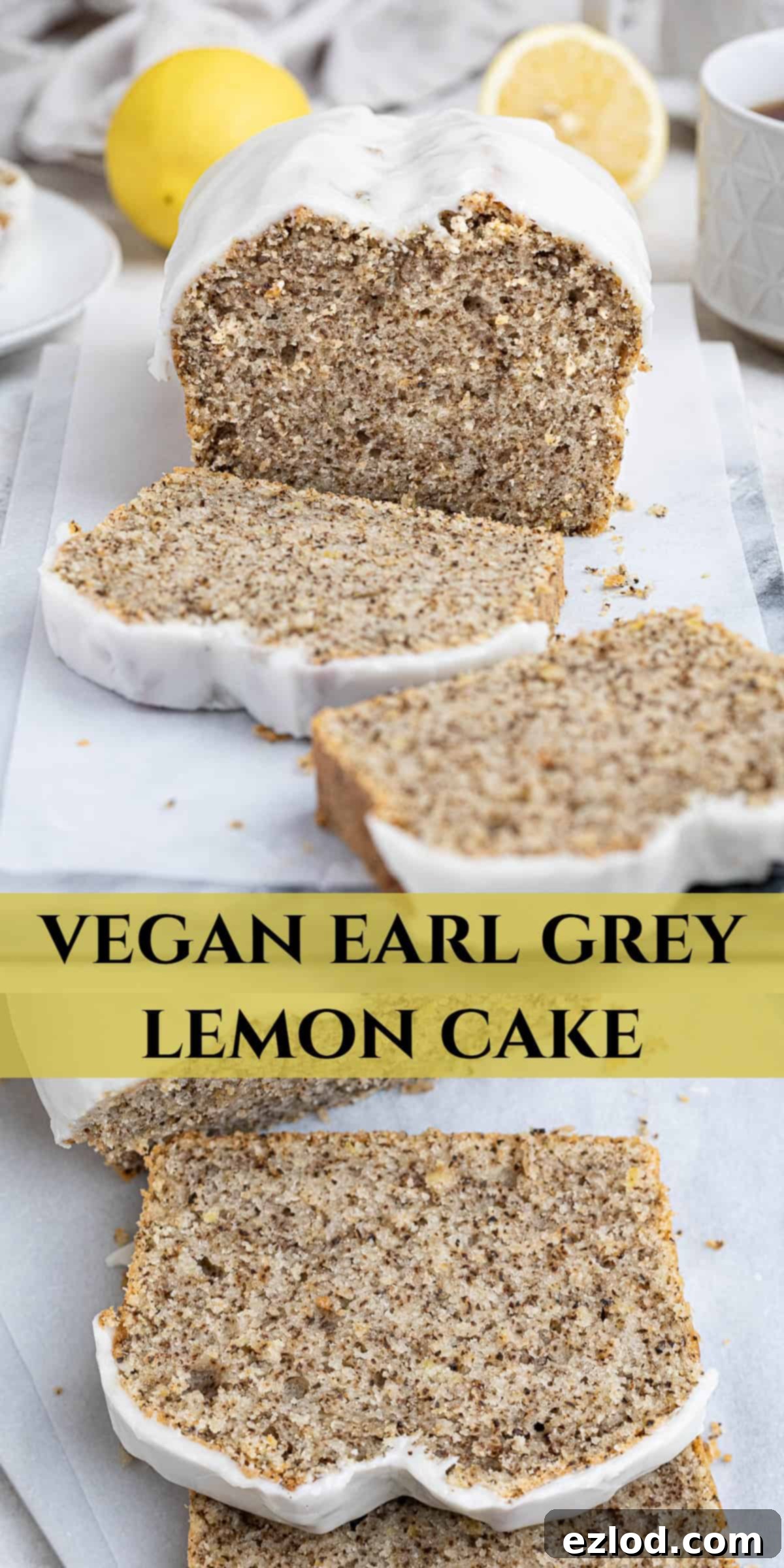 Zesty Vegan Earl Grey Lemon Cake 12 A Pinterest-friendly collage image showcasing various angles of the vegan Earl Grey lemon cake, highlighting its golden crust, moist interior, and zesty glaze, perfect for sharing and inspiring bakers.