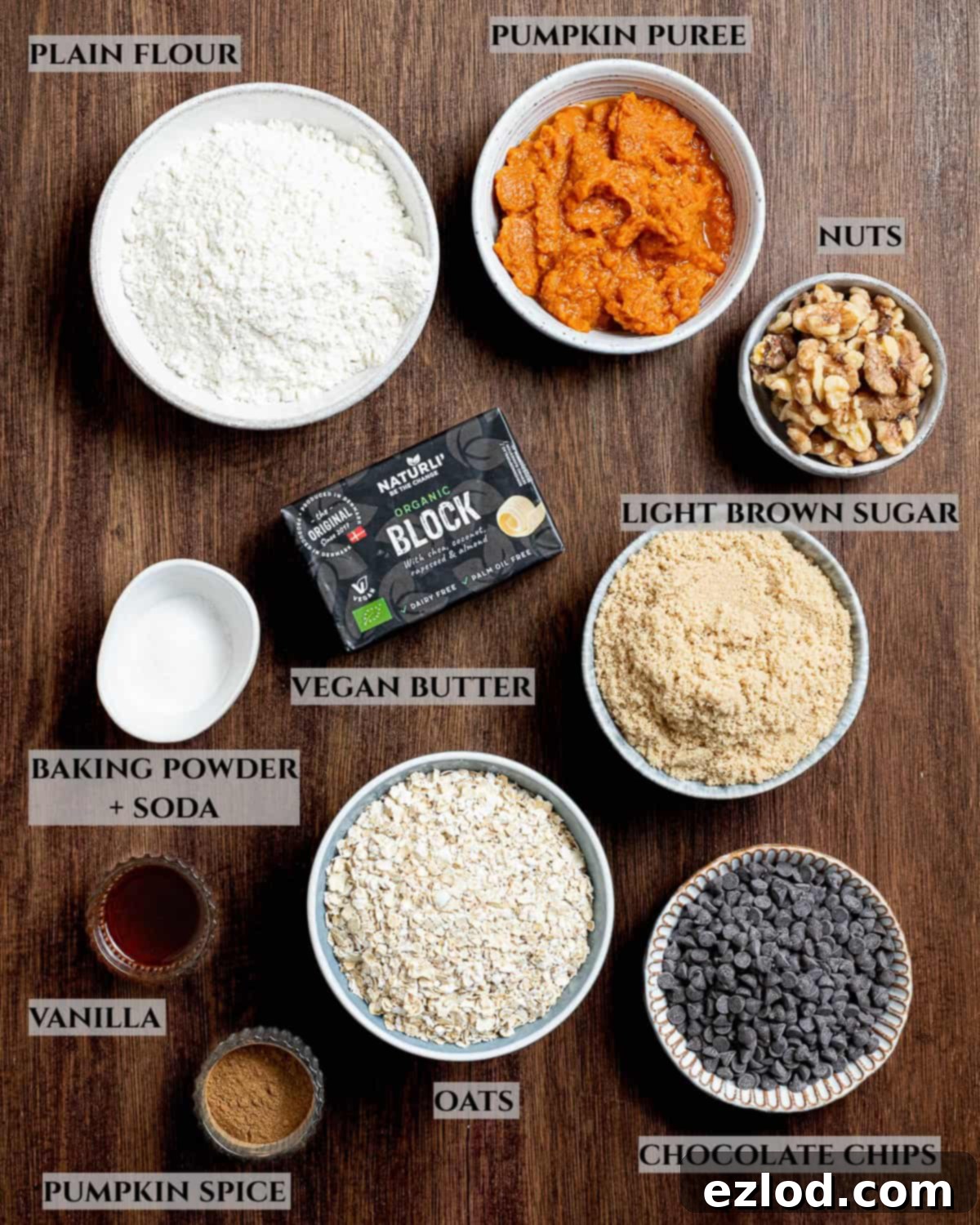 Vegan Pumpkin Spice Oat Bars 3 A labelled photo of the ingredients needed to make vegan pumpkin oatmeal cookie bars.