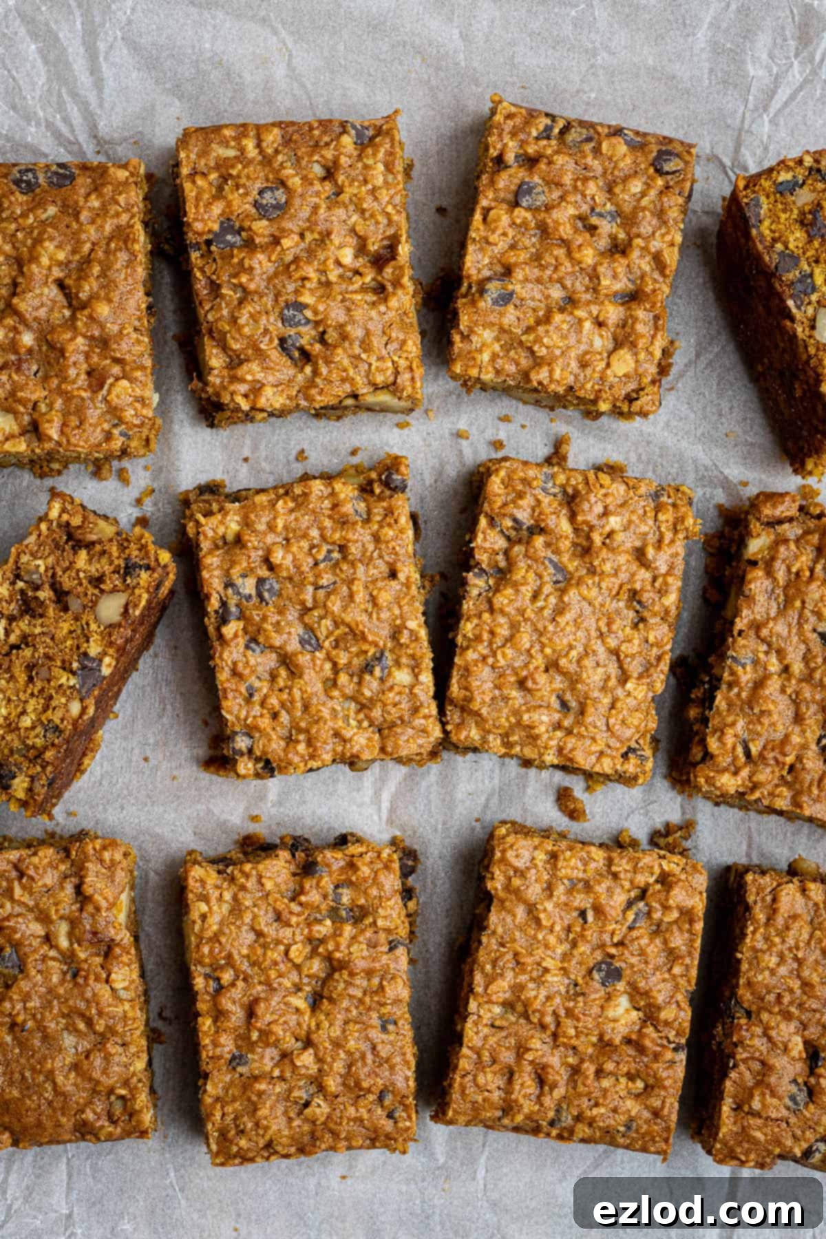 Vegan Pumpkin Spice Oat Bars 4 Sliced vegan pumpkin oatmeal cookie bars on a sheet of baking paper.