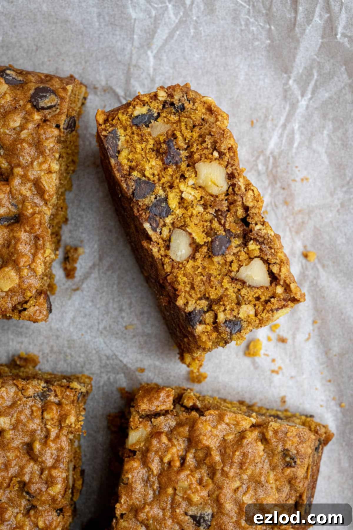 Vegan Pumpkin Spice Oat Bars 5 Close up of a cookie bar.