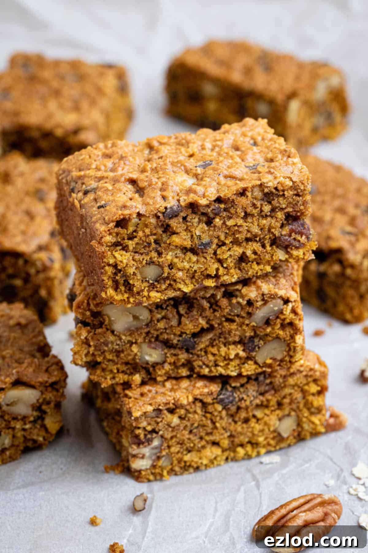 Vegan Pumpkin Spice Oat Bars 6 Close up of a stack of vegan pumpkin oatmeal cookie bars.