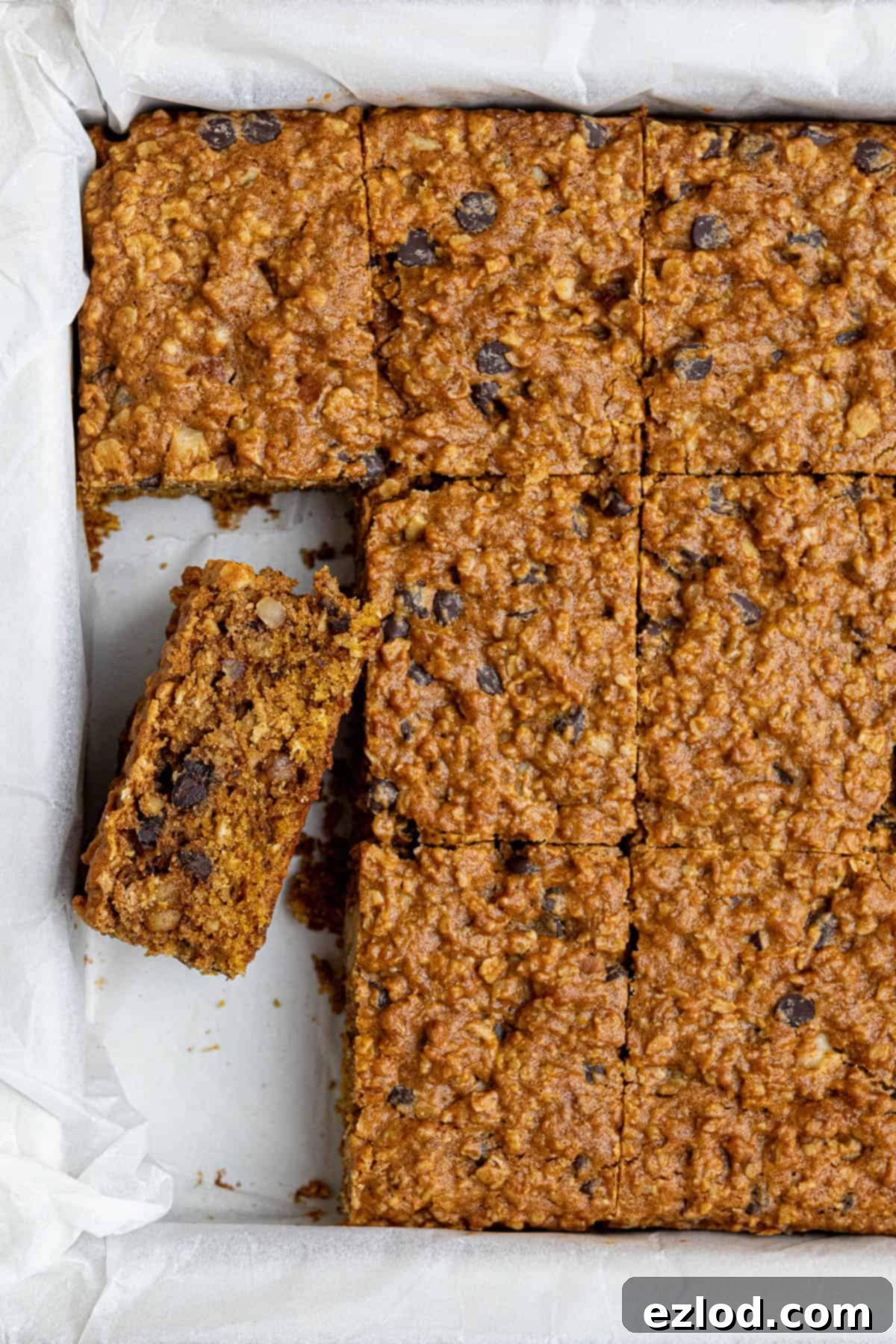 Vegan Pumpkin Spice Oat Bars 7 Vegan pumpkin oatmeal cookie bars in the baking tin.
