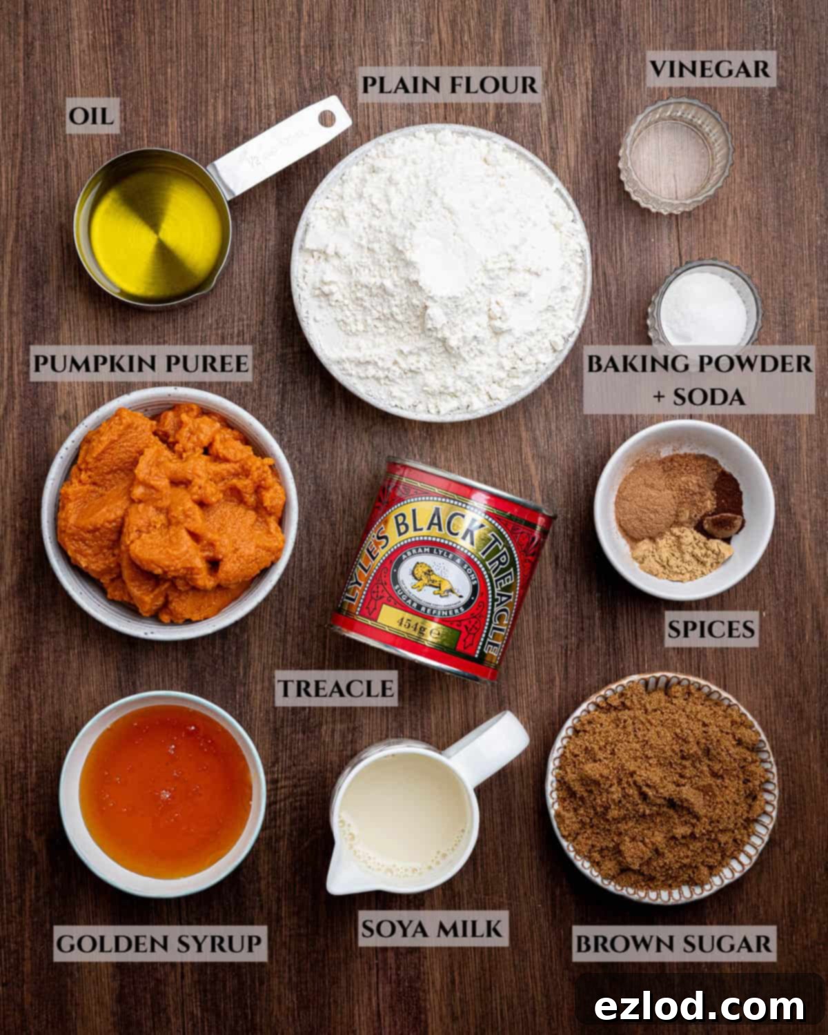 Vegan Pumpkin Gingerbread 3 A labelled photo of the ingredients needed to make vegan pumpkin gingerbread.