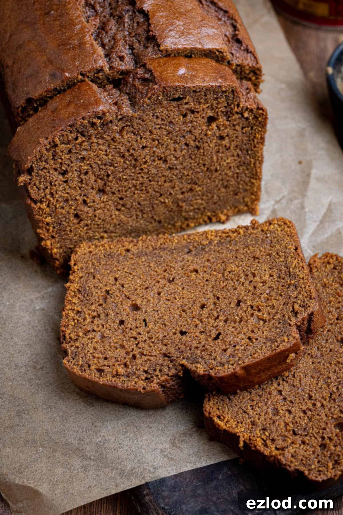 Vegan Pumpkin Gingerbread 9 Close up of a slice of pumpkin gingerbread.