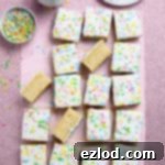 Classic Vegan School Treat 14 Squares of vegan school cake on a pink background with a jug of custard and bowl of sprinkles.