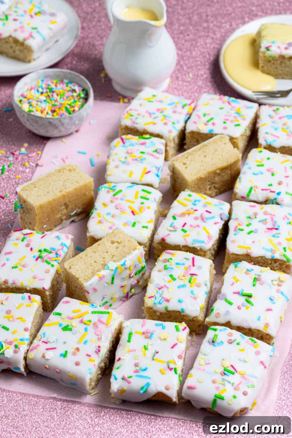 Classic Vegan School Treat 4 Close up of vegan school cake on a pink background with a jug of custard and bowl of sprinkles.