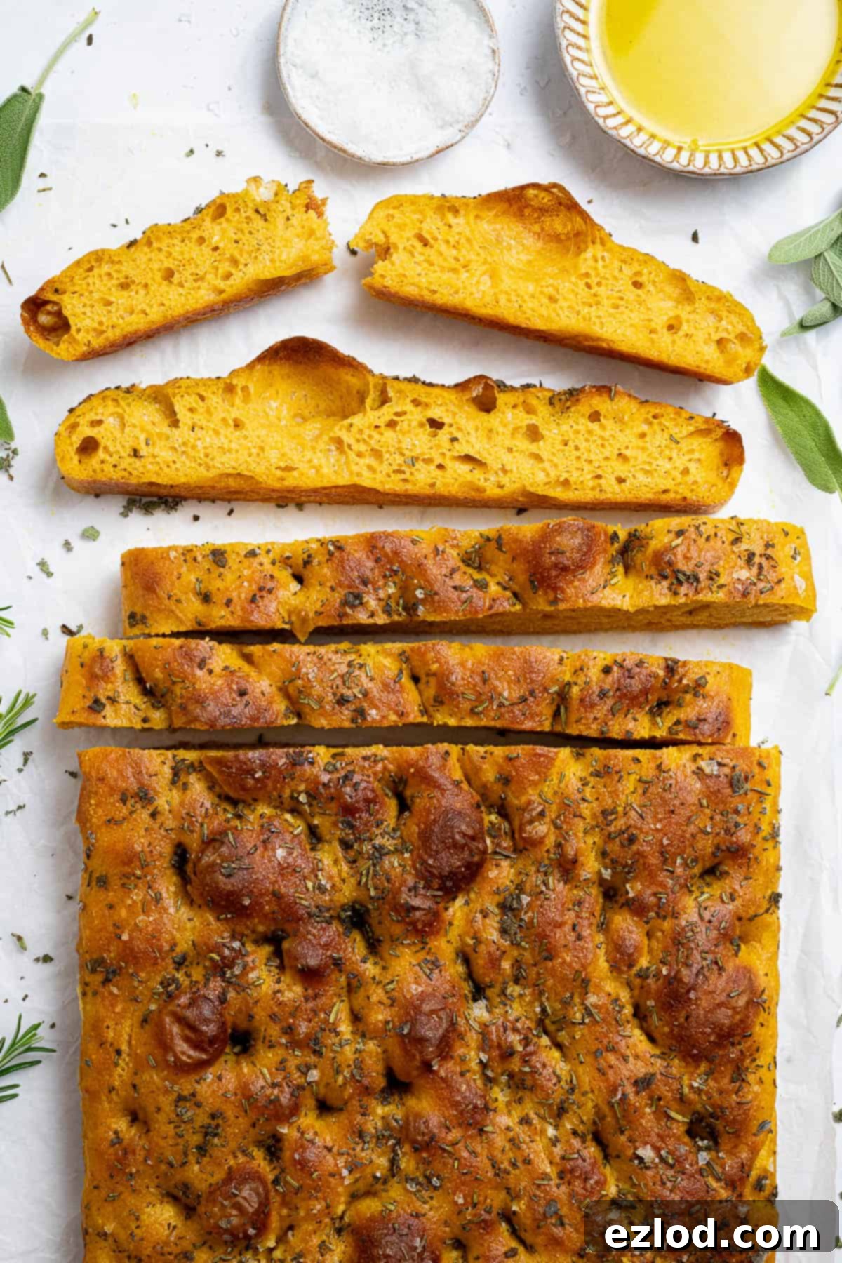 Autumn Spiced Vegan Pumpkin Focaccia 14 Close up of the sliced loaf.