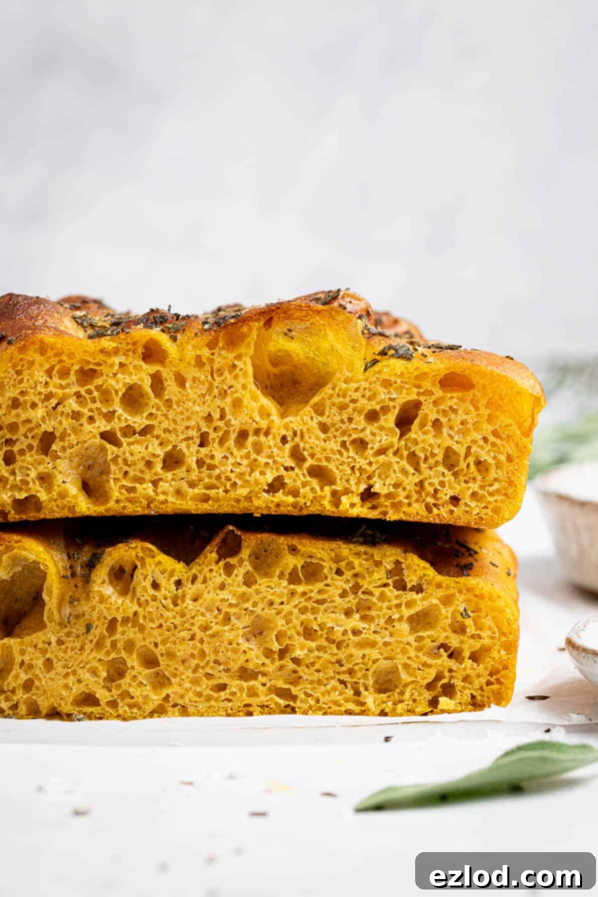 Autumn Spiced Vegan Pumpkin Focaccia 4 Close up of the pumpkin focaccia crumb.