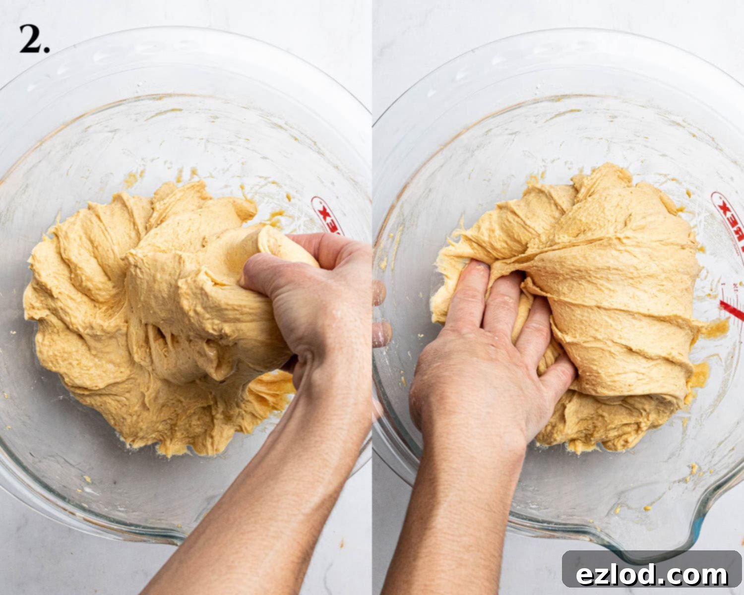 Autumn Spiced Vegan Pumpkin Focaccia 6 Step 2, a two image collage of performing the stretch and folds.