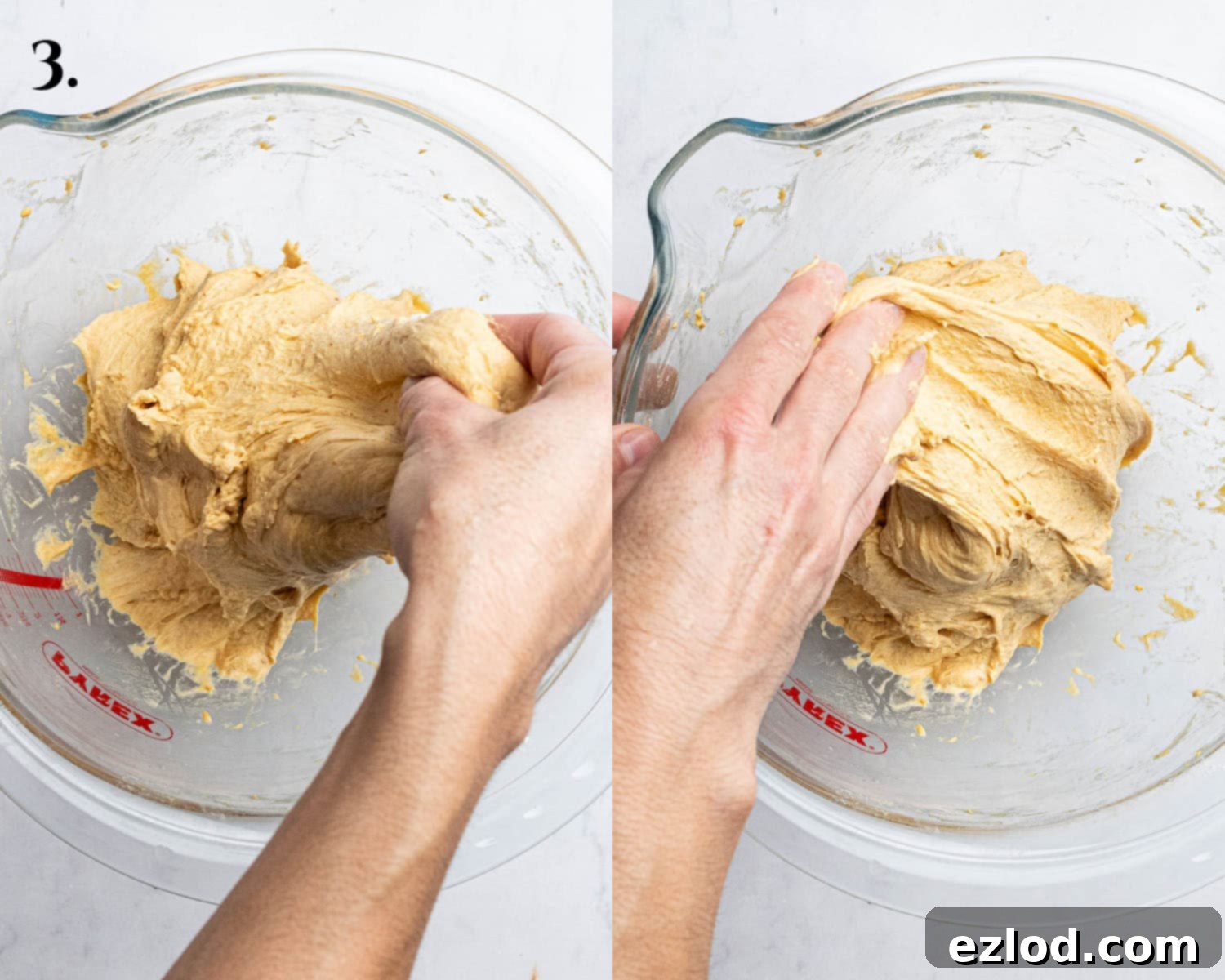 Autumn Spiced Vegan Pumpkin Focaccia 7 Step 3, a two image collage of performing the stretch and folds.
