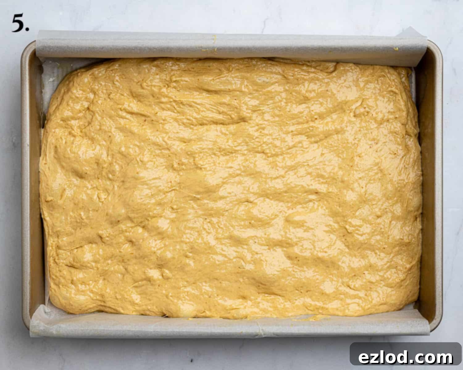 Autumn Spiced Vegan Pumpkin Focaccia 9 Step 5, the dough in the tin.