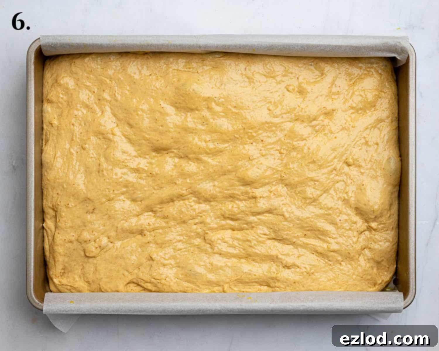 Autumn Spiced Vegan Pumpkin Focaccia 10 Step 6, the risen dough in the tin.