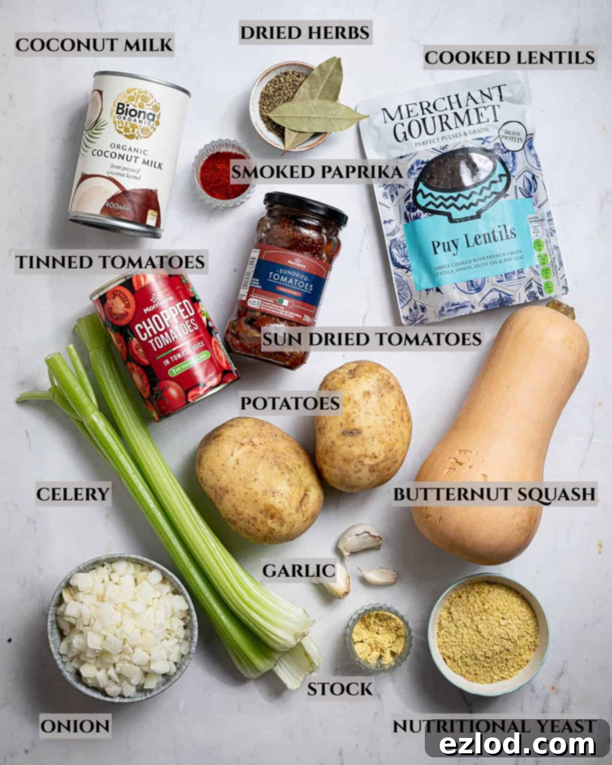Mediterranean Sunshine Lentil Soup (Vegan) 3 A labelled photo of the fresh and pantry ingredients needed to make sun dried tomato lentil soup, laid out neatly.
