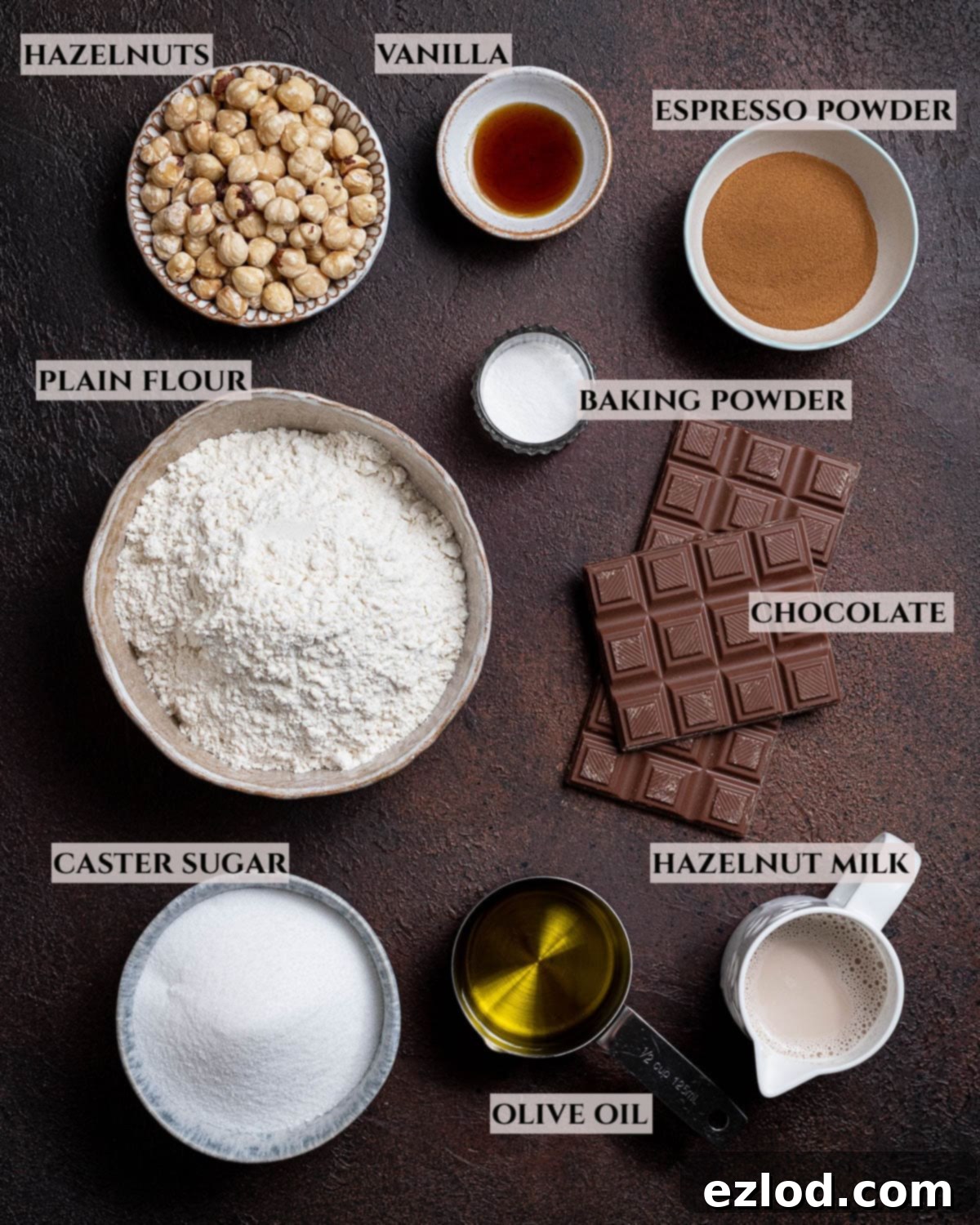 Plant-Based Coffee Hazelnut Biscotti 3 A labelled photo of the ingredients needed to make vegan coffee hazelnut biscotti.