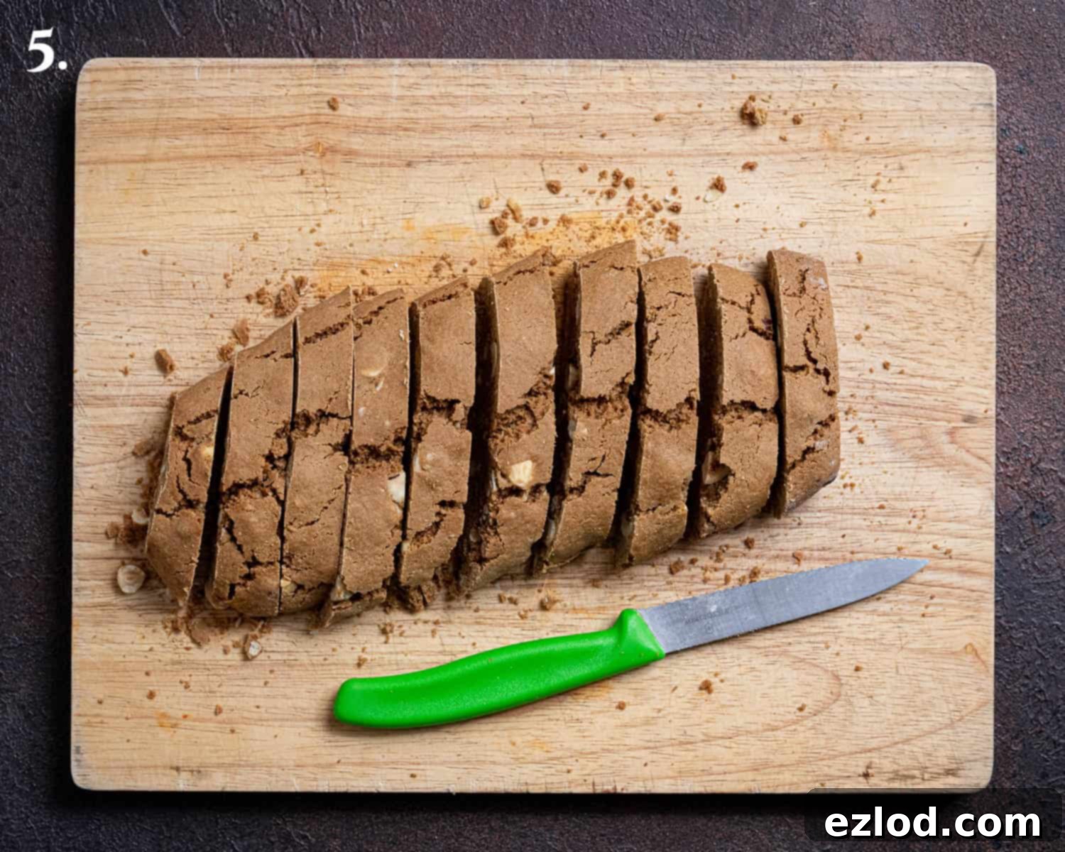 Plant-Based Coffee Hazelnut Biscotti 9 Step 5, one of the logs cut into slices.