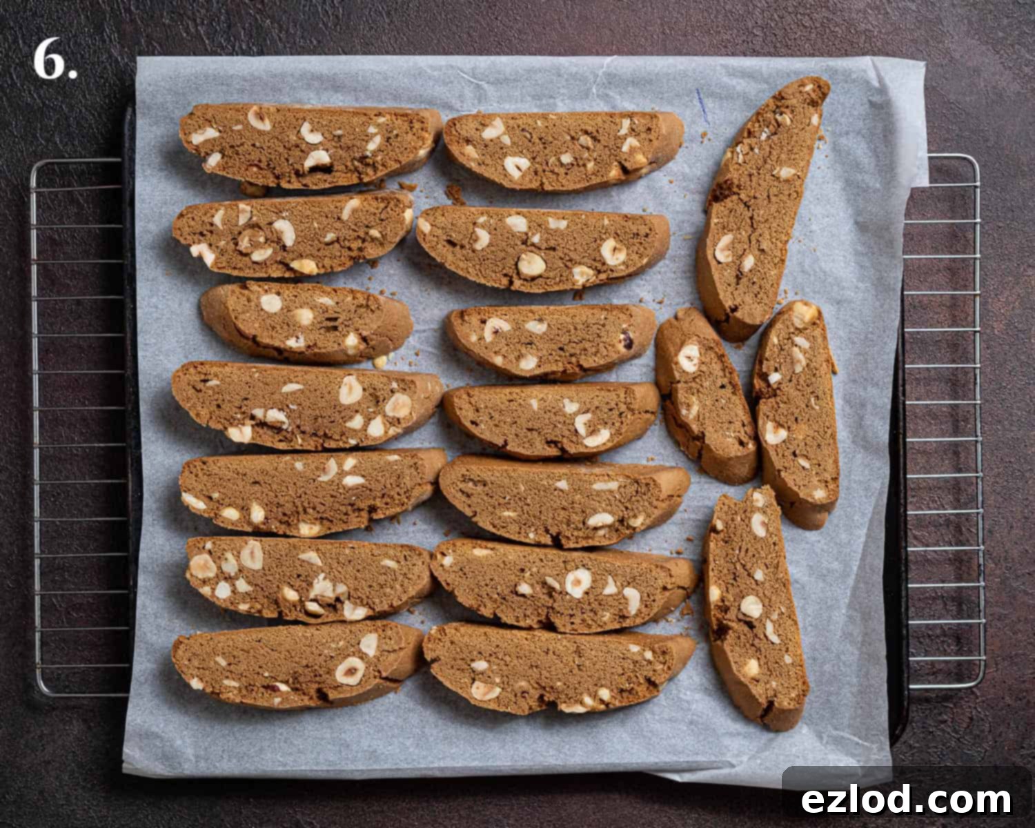 Plant-Based Coffee Hazelnut Biscotti 10 Step 6, the finished biscotti on a baking sheet.