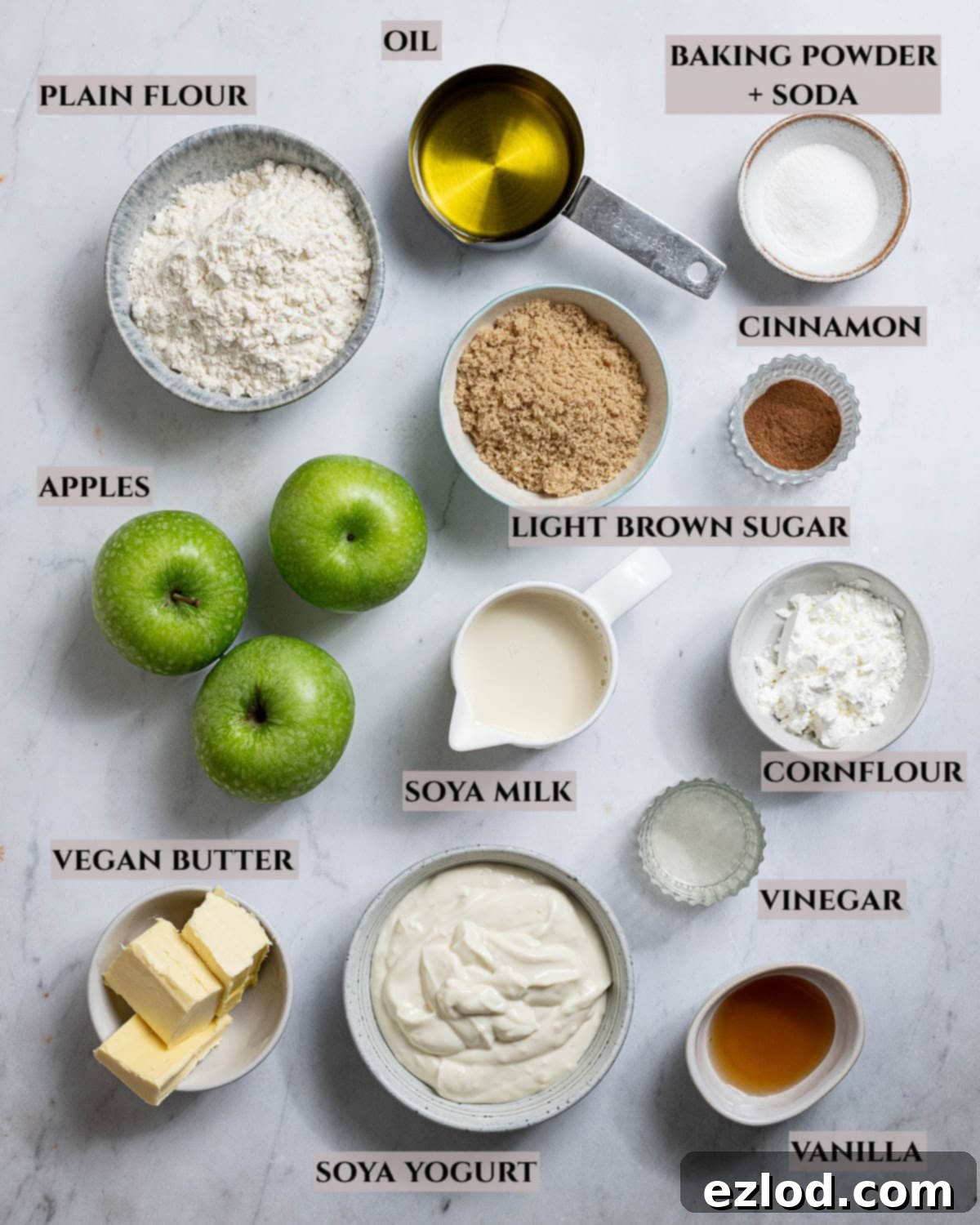 Spiced Vegan Apple Streusel Cake 3 A labelled photo of all the essential ingredients meticulously laid out, ready to make a delicious vegan apple crumb cake.