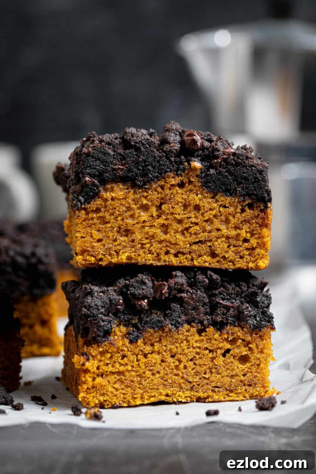 A stack of two squares of vegan pumpkin chocolate crumb cake.