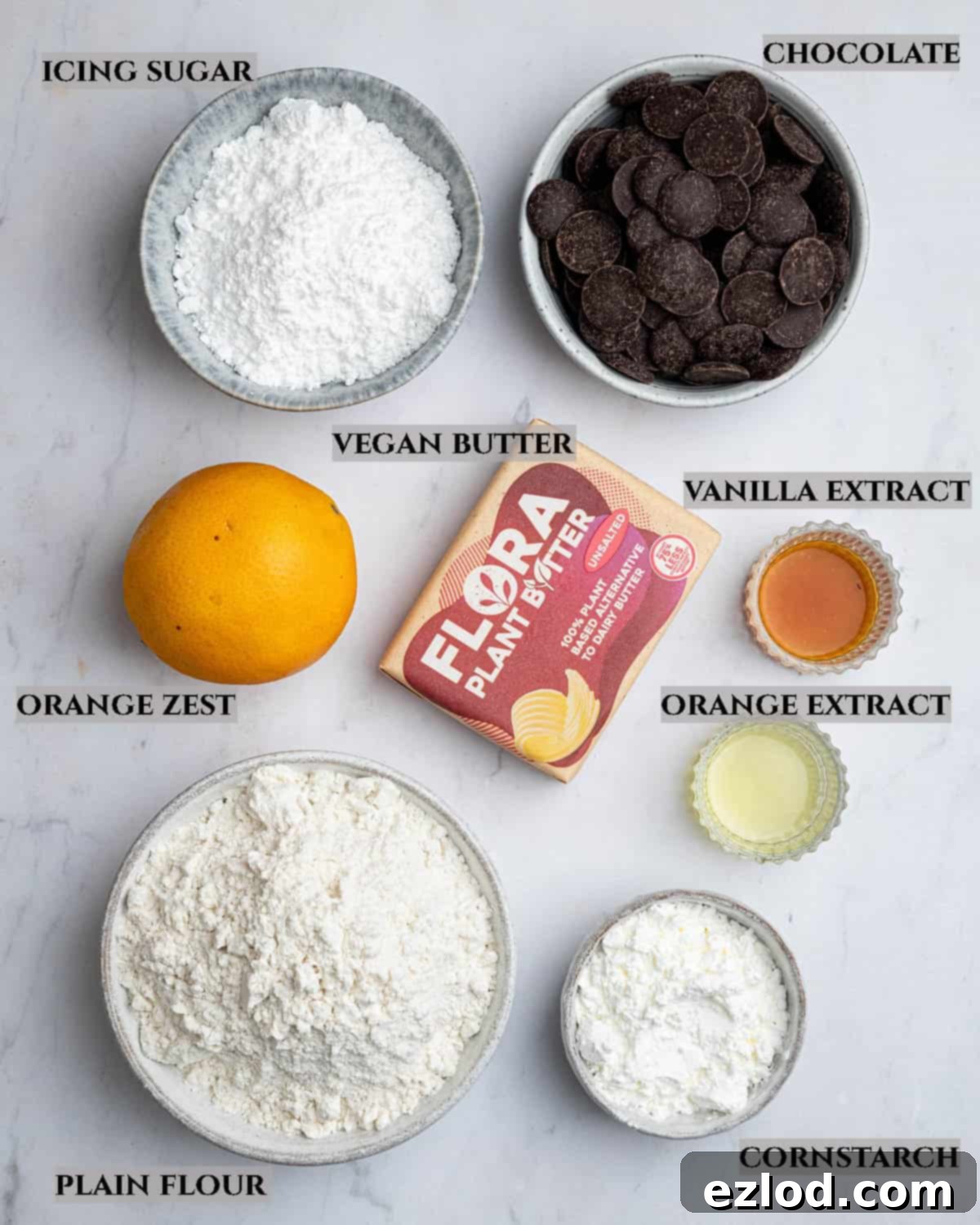 Vegan Chocolate Orange Viennese Fingers 3 A labelled photo of the ingredients needed to make chocolate orange viennese fingers.