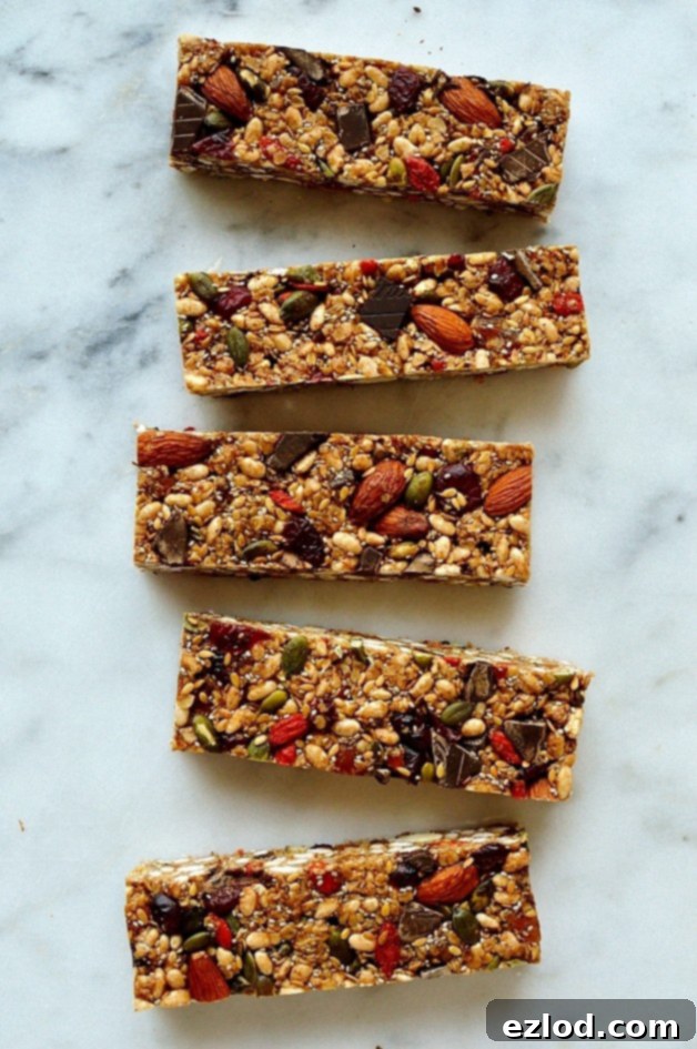 Effortless Superfood Energy Bars 5 No-bake chewy granola bars filled with superfood ingredients such as chia, pumpkin and linseeds, almonds, goji berries, dark chocolate and coconut oil