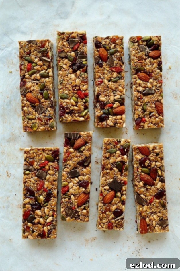 Effortless Superfood Energy Bars 6 No-bake chewy granola bars packed full of antioxidant superfoods such as chia, pumpkin and linseeds, almonds, goji berries, oats and dark chocolate