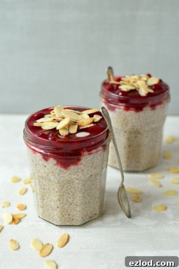 Luscious Cherry Almond Chia Pudding 1 Chia pudding with almond milk, honey and vanilla served with a tart cherry compote and toasted flaked almonds; a healthy, filling make-ahead breakfast.