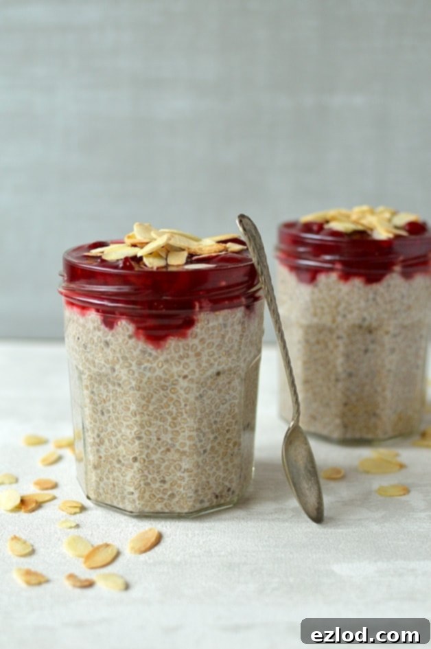Luscious Cherry Almond Chia Pudding 2 Almond milk, honey and vanilla chia pudding with quick cherry compote and toasted flaked almonds; healthy, filling, high-protein, low-carb and gluten-free!