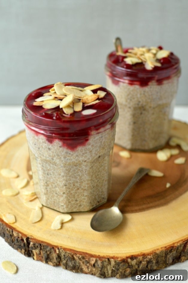 Luscious Cherry Almond Chia Pudding 5 Almond milk chia pudding with cherry compote and toasted flaked almonds, a healthy, filling, vegan, gluten-free and low-carb breakfast