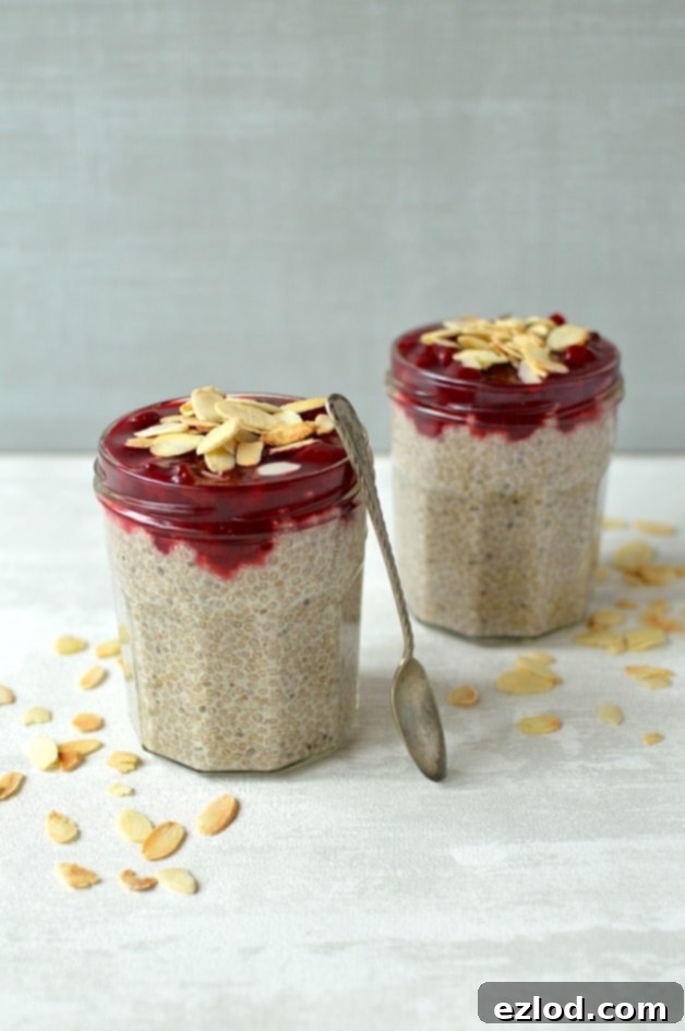 Luscious Cherry Almond Chia Pudding 6 Almond milk, honey and vanilla chia pudding with a quick cherry compote and toasted flaked almonds. It is a super healthy, nutrient-packed make-ahead breakfast that is delicious too!